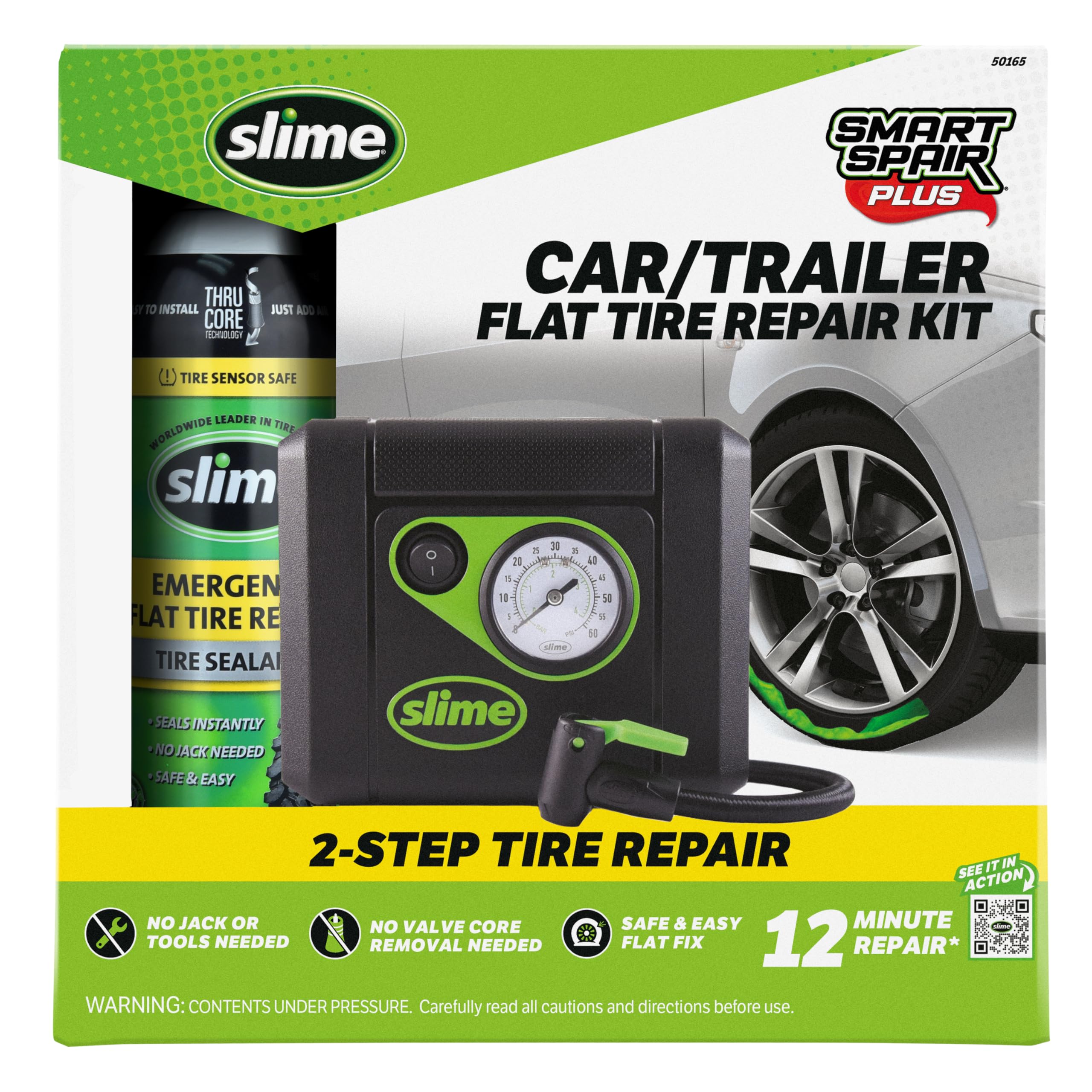 Condition photo showing As Is for Slime 50165 Flat Tire Puncture Repair, Smart Spair Plus, Emergency Kit for Car Tires, Includes Sealant and Tire Inflator Pump, Suitable for Cars and Other Highway Vehicles, 12 Min Fix
