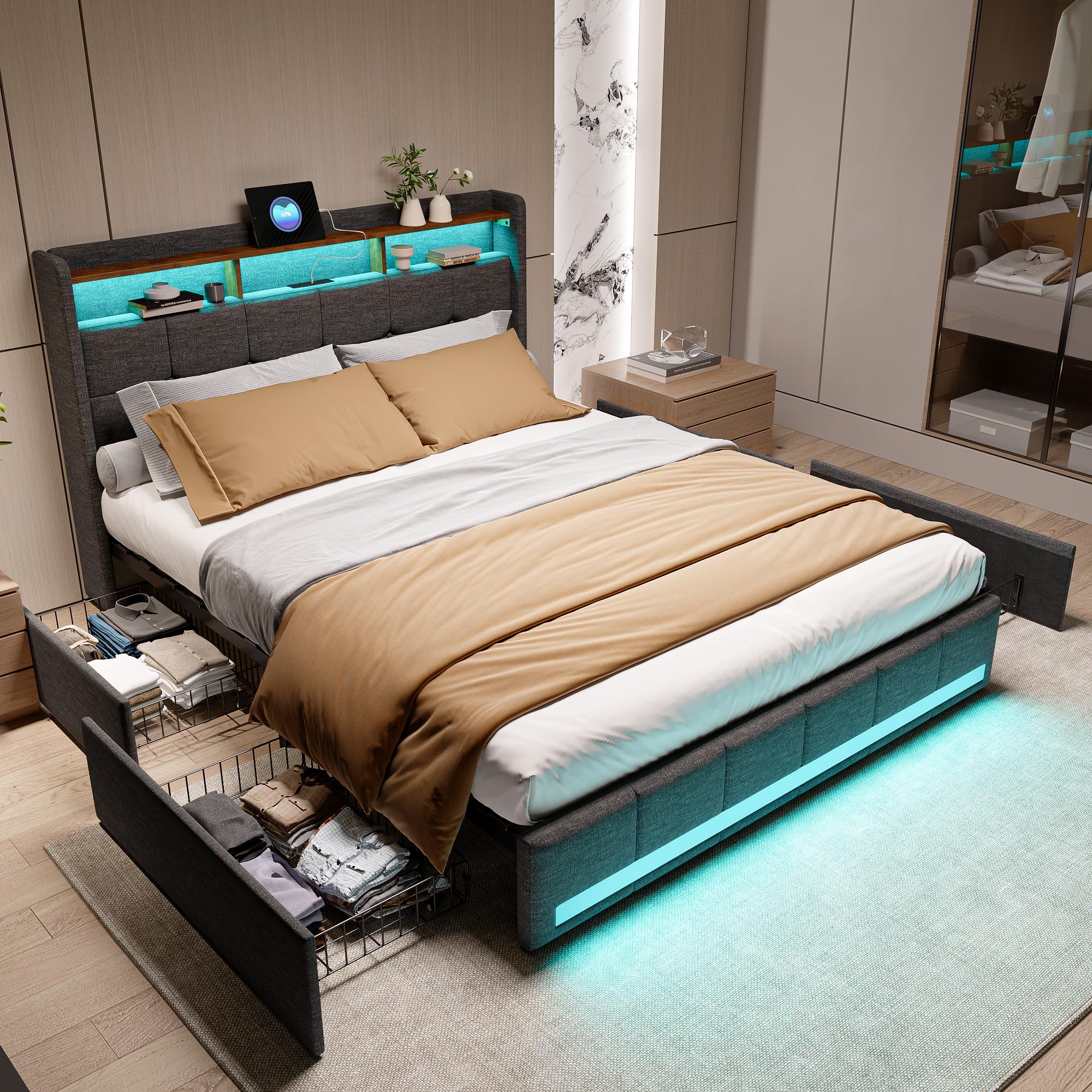 Letto 160 x 200 con rete LED e ricarica USB, letto matrimoniale imbottito 4 cassetti, testiera di stoccaggio in lino, letto grigio per adulti e adolescenti