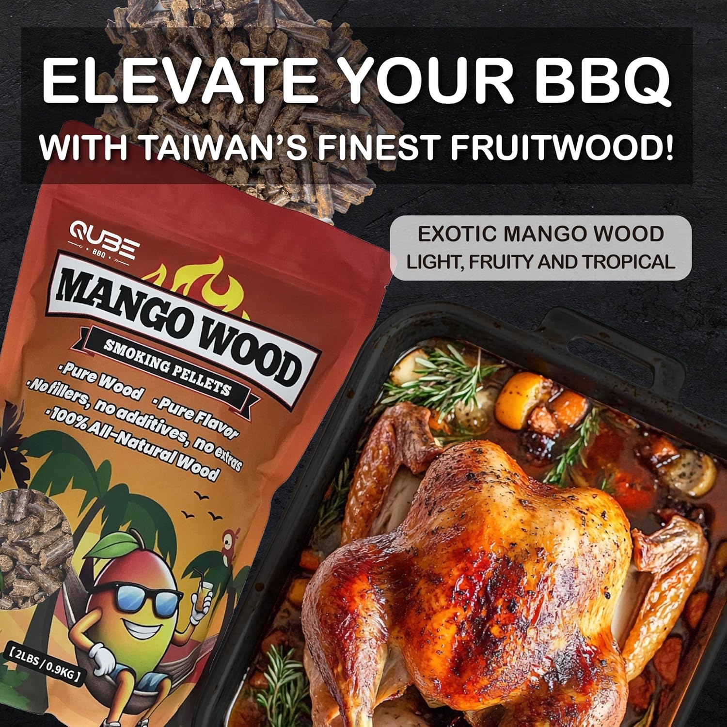Smoker Box & Mango Wood Smoking Pellets | Compact 304 Stainless Steel Smoke Box + Exotic Fruitwood Flavor | Sweet Tropical BBQ Smoke for Gas, Charcoal, Pellet & Ninja Woodfire Grills