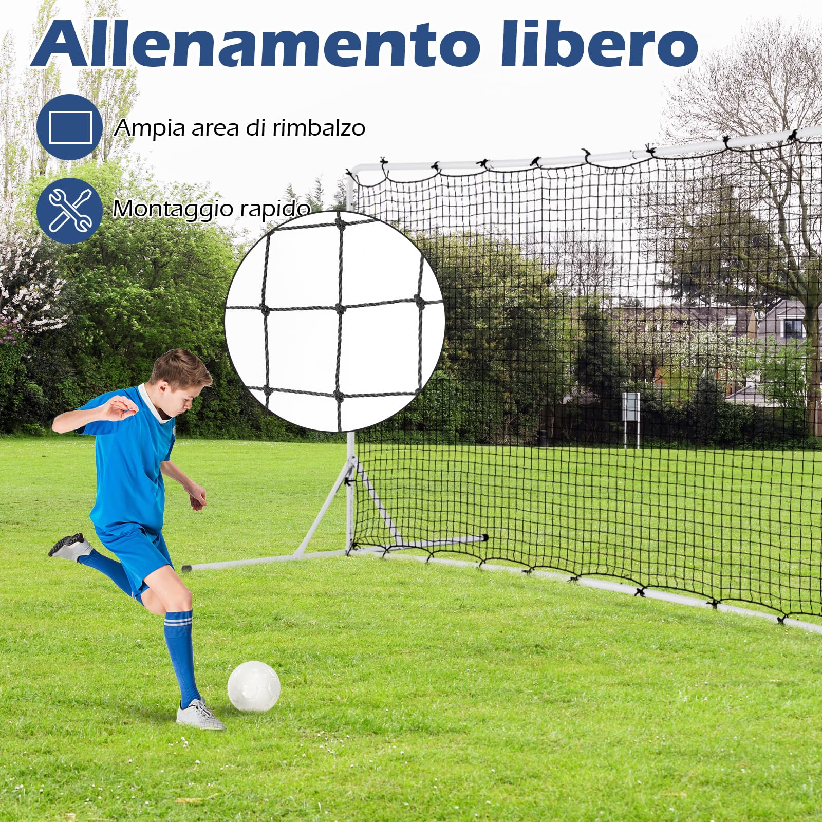 COSTWAY Porta da Calcio Rimbalzanti 372,5 x 182,5 CM, Set di Attrezzature da Calcio con Rete Resistente alle Intemperie, Borsa e 6 Picchetti per Terreno, Cortile e Parco