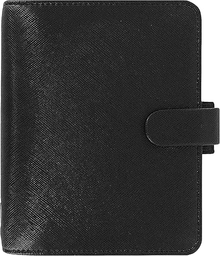 Filofax Saffiano - Organizador de bolsillo, color negro, grano cruzado, aspecto de cuero, seis anillos, calendario semanal para ver, multilingüe,