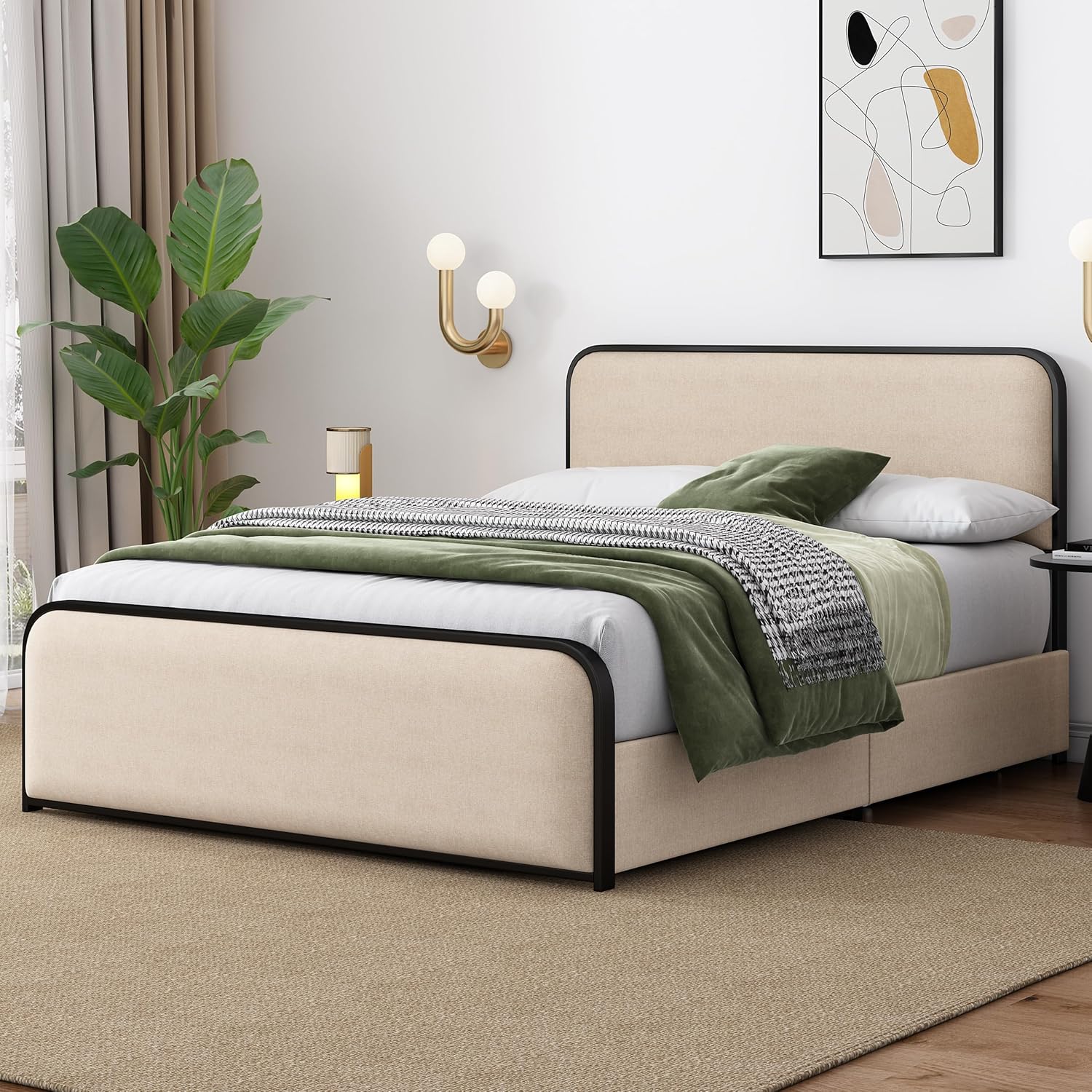 SOFTSEA Queen Size Bed Frame with 4 Drawers and Headboard, Upholstered Platform Bed with Heavy Duty Metal Slats, No Box Spring Needed, Beige