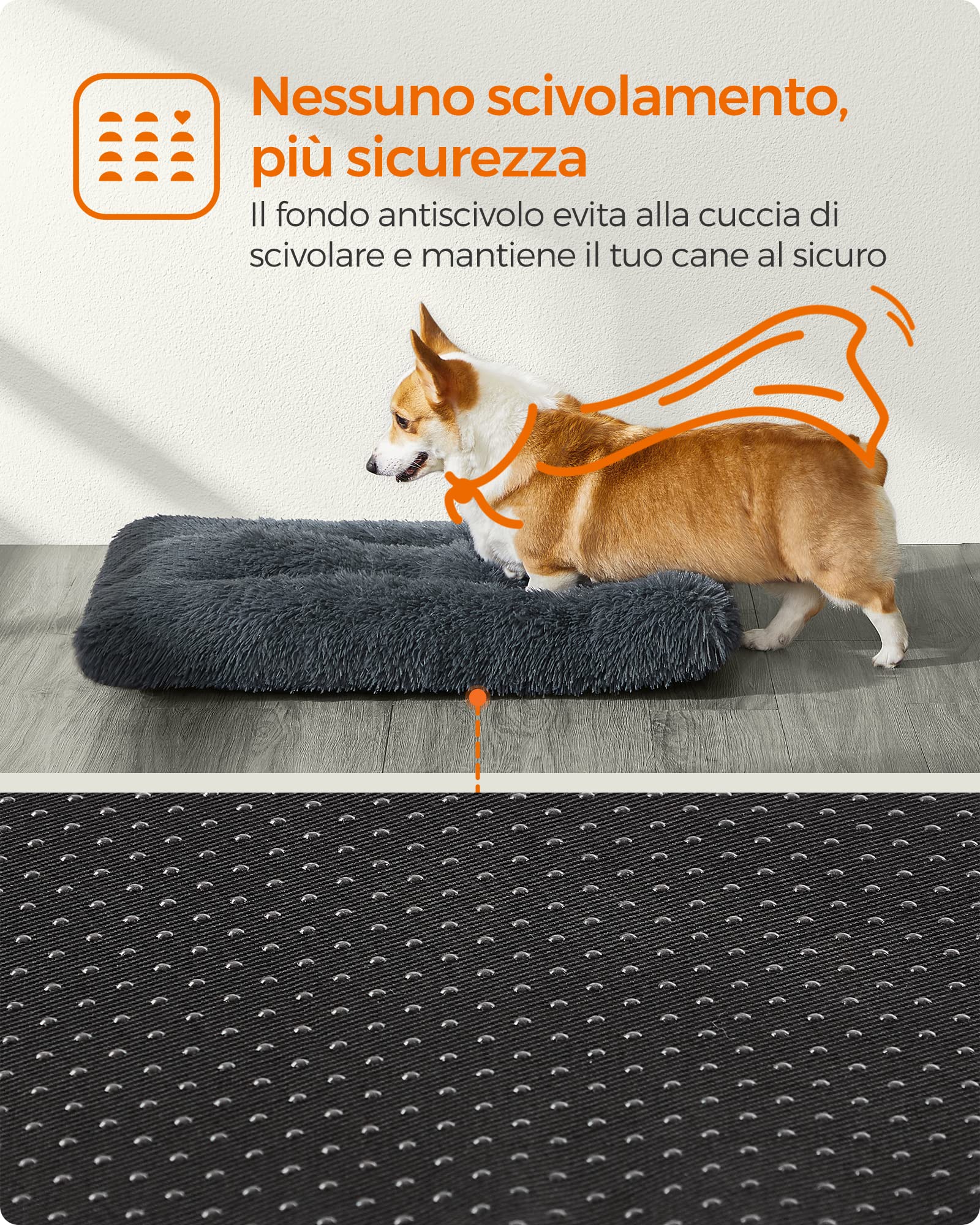 Feandrea Cuccia per Cani, Tappetino per Animali di Peluche Morbida, 95 x 60 cm, Imbottitura Soffice, Lavabile in Lavatrice, Cuscino per Cani Multiuso, Grigio Scuro PGW202G02