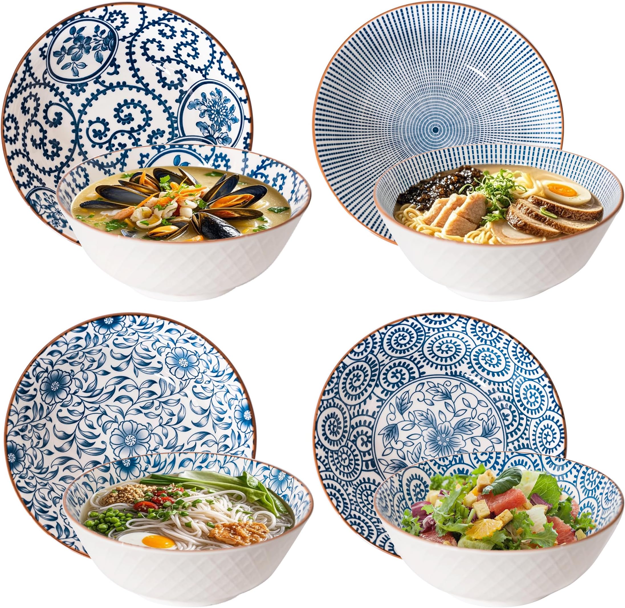 Ramen Bowls Set of 4, 40 oz Ramen Bowls, 8 Inch Ceramic Noodle Bowls for Pho, Soup & Udon, Blue and White Japanese Style, Microwave & Dishwasher Safe