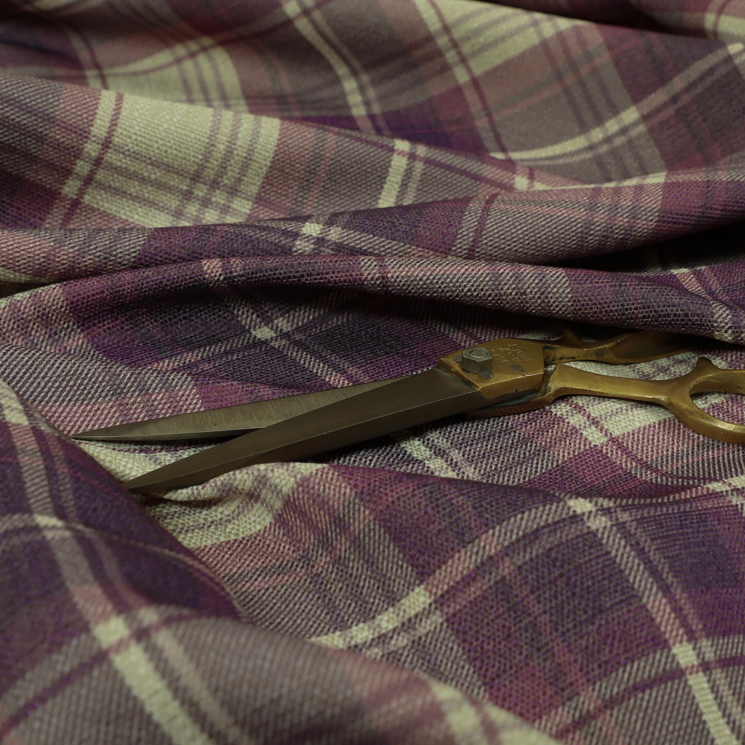 Redbrick Mill Fabrics Flame Retardant Plaid Tartan Pattern Printed Linen Effect Chenille Material Purpleed for Home Textiles Sofas Curtains Upholstery Fabric for Sale by The 1 Metre (Per Metre)