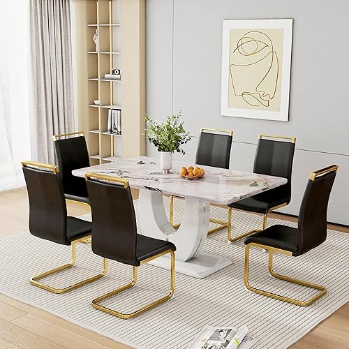 Miniatura 42 de Juego de mesa de comedor para 6, juego de sillas de cocina de 6, juego de comedor moderno con mesa de 63' de mármol y sillas tapizadas de PU para la
