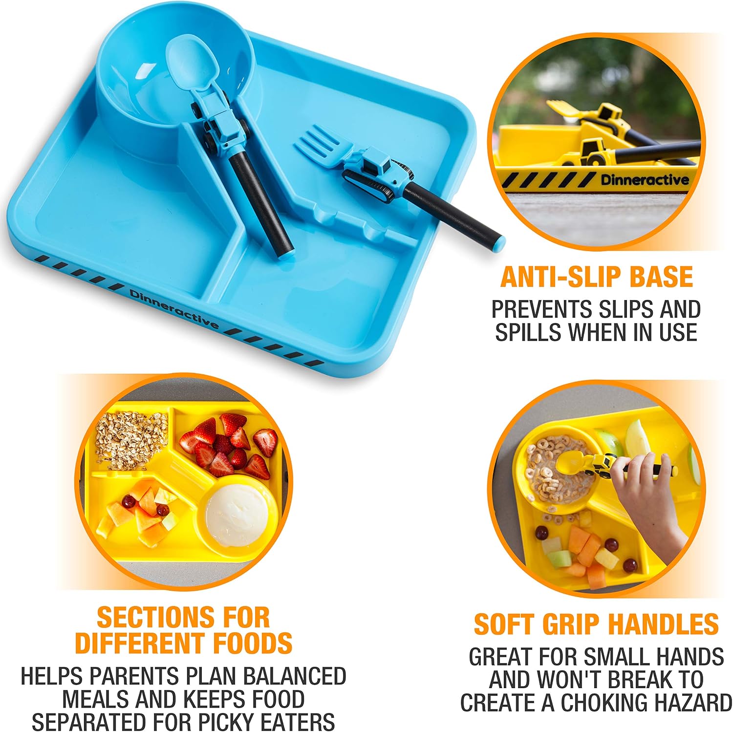 Dinneractive Dining Set for Kids - 3 PC Construction Themed Dinnerware - Tractor Utensils - Toddler Plates - Baby Dishes