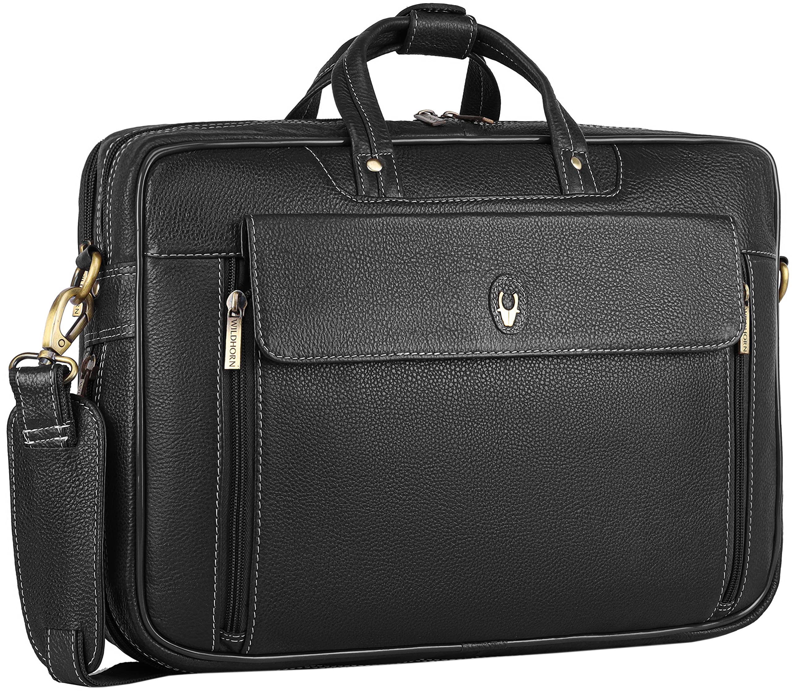 WildHornGenuine Leather Office Bag for Men – 15.6-Inch Laptop Bag with Adjustable Straps, Multiple Compartments, and a Sleek Professional Design – Durable and Stylish with a 1-Year Warranty.