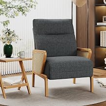 Alunaune Upholstered Living Room Chairs Accent Chair Armchair, Natural Rattan Modern Slipper Club Chair Guest Reception Couch Comfy Single Sofa for Reading Bedroom-Dark Grey