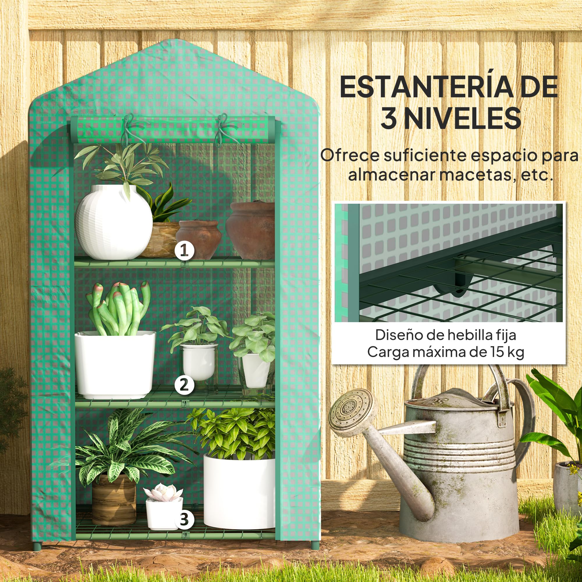 Outsunny Invernadero de Jardín de 3 Niveles, Invernadero de Exterior con 3 Estantes, Puerta Enrollable, Marco de Metal, Cubierta de PE, Anti-UV, Impermeable, para Terraza, Patio, 69x49x125 cm, Verde
