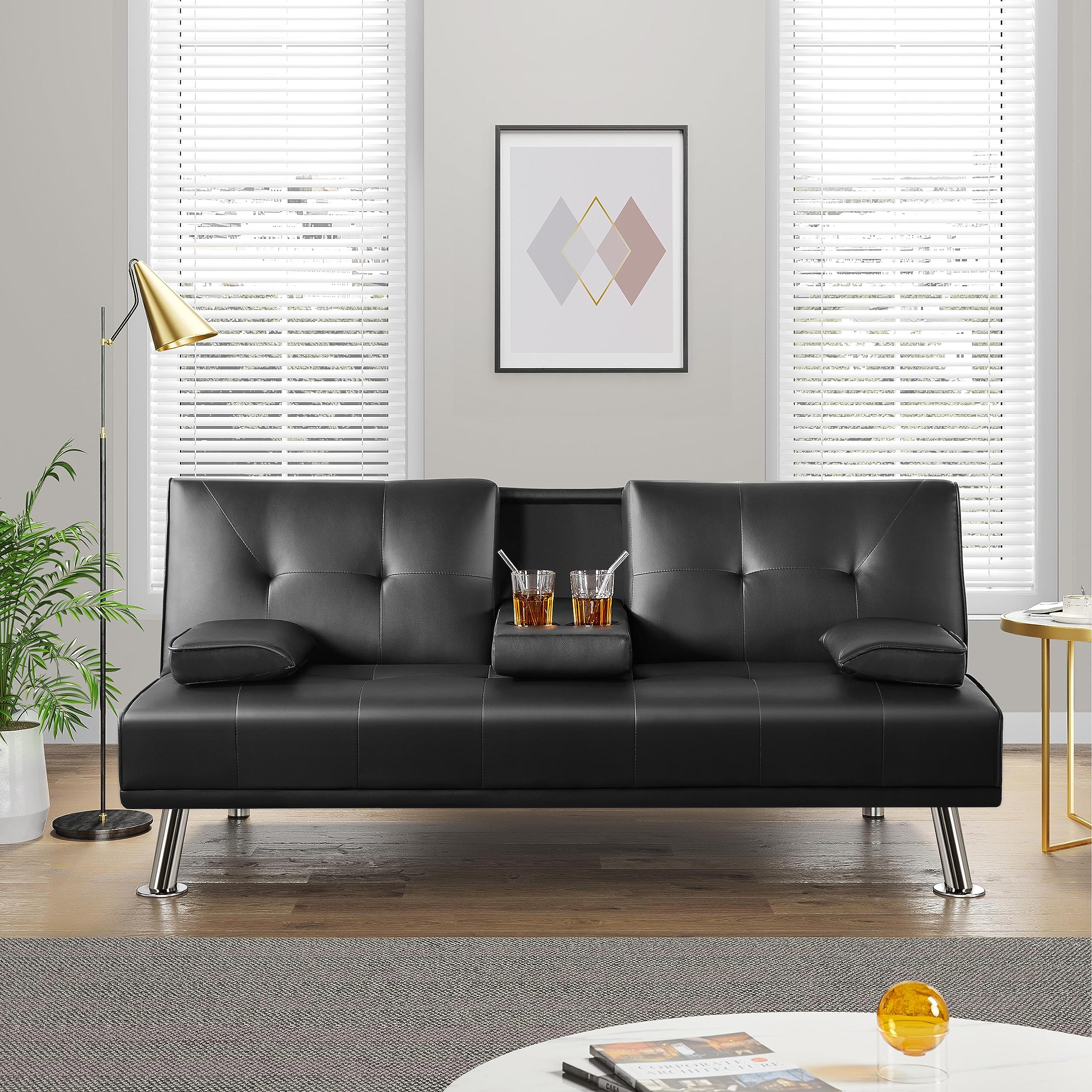 Yaheetech Divano Letto con 2 Cuscini Mobile in Ecopelle Divano Convertibile in Letto Arredamento Pieghevole 3 in 1 con Supporto Centrale Porta Bicchieri 167 × 81,5 × 75 cm da Soggiorno Nero