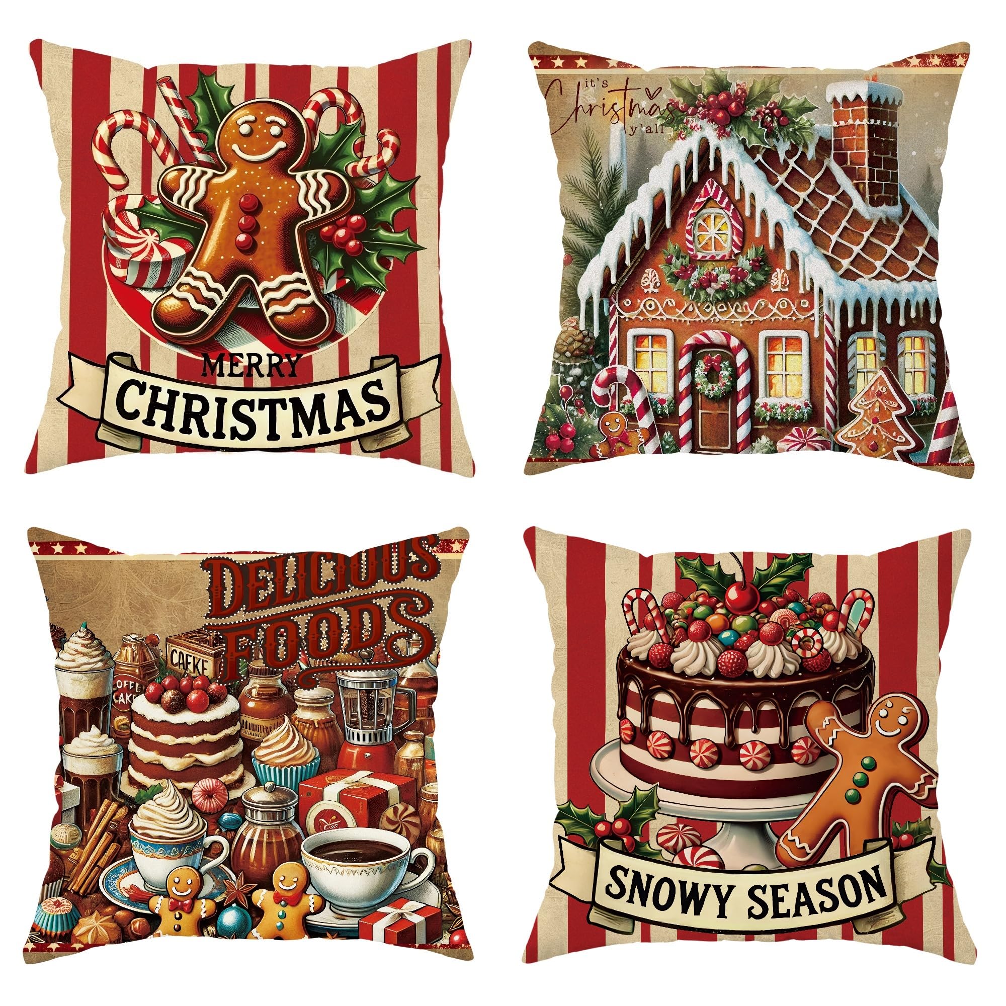 Housse de coussin de Noël 71x71 cm lot de 4 pain d'épice pour canapé