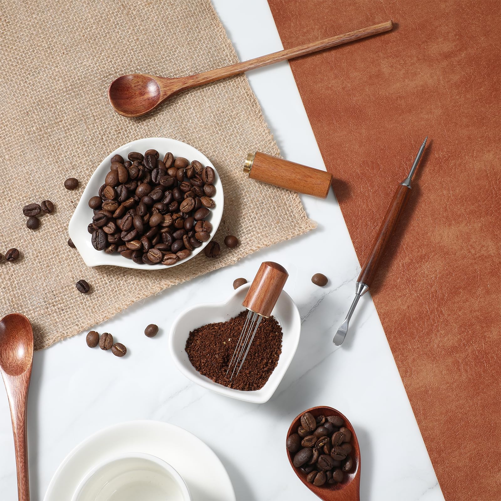 Sibba Espresso Café Agitador 6 Agujas, Herramienta de Distribución de Espresso WDT Herramienta de Distribución con Mango de Madera Natural y Base, Mezclador de Café Acero Inoxidable Latte Art Pen