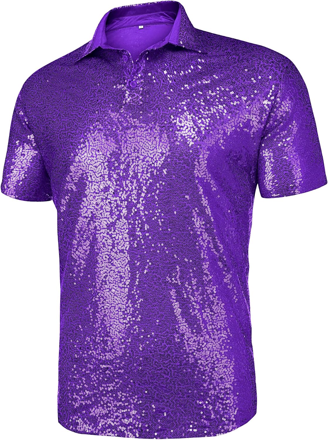 URRU Men's Relaxed Short Sleeve Turndown Sparkle Sequins Polo Shirts 70s Disco Nightclub Party Shirt Top - Image 2