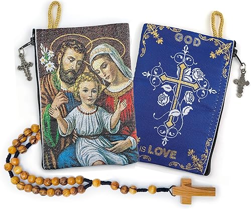 TREE OF LIFE REV. 2214 Bolsa de rosario con cuerda católica de madera de olivo, rosario de Israel, Santa Familia y Dios es Amor, tejido de tela,