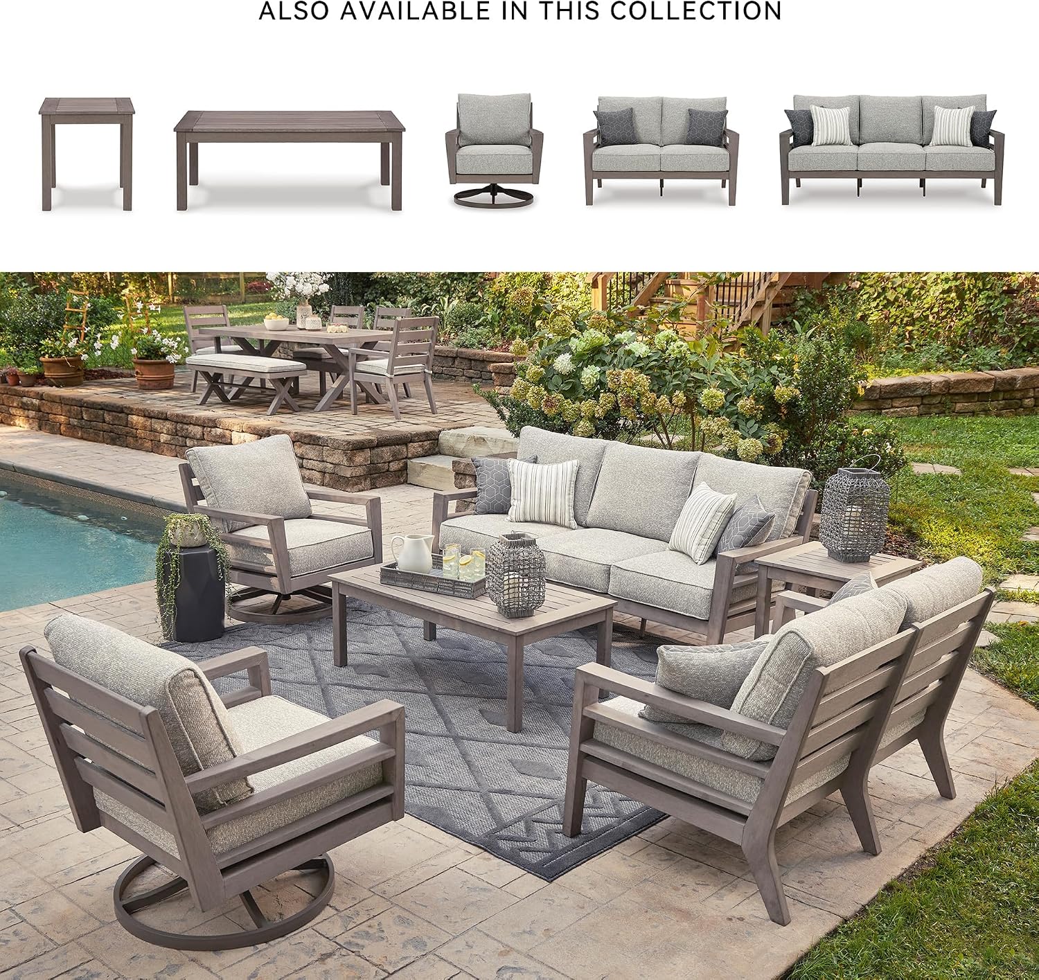 BOWERY HILL Outdoor Swivel Lounge Chair, Gray & Brown Plastic Frame, 31" W x 35" D x 36" H, Weather-Resistant with Cushion, UV Fade-Resistant Fabric, Contemporary Patio or Garden Seating