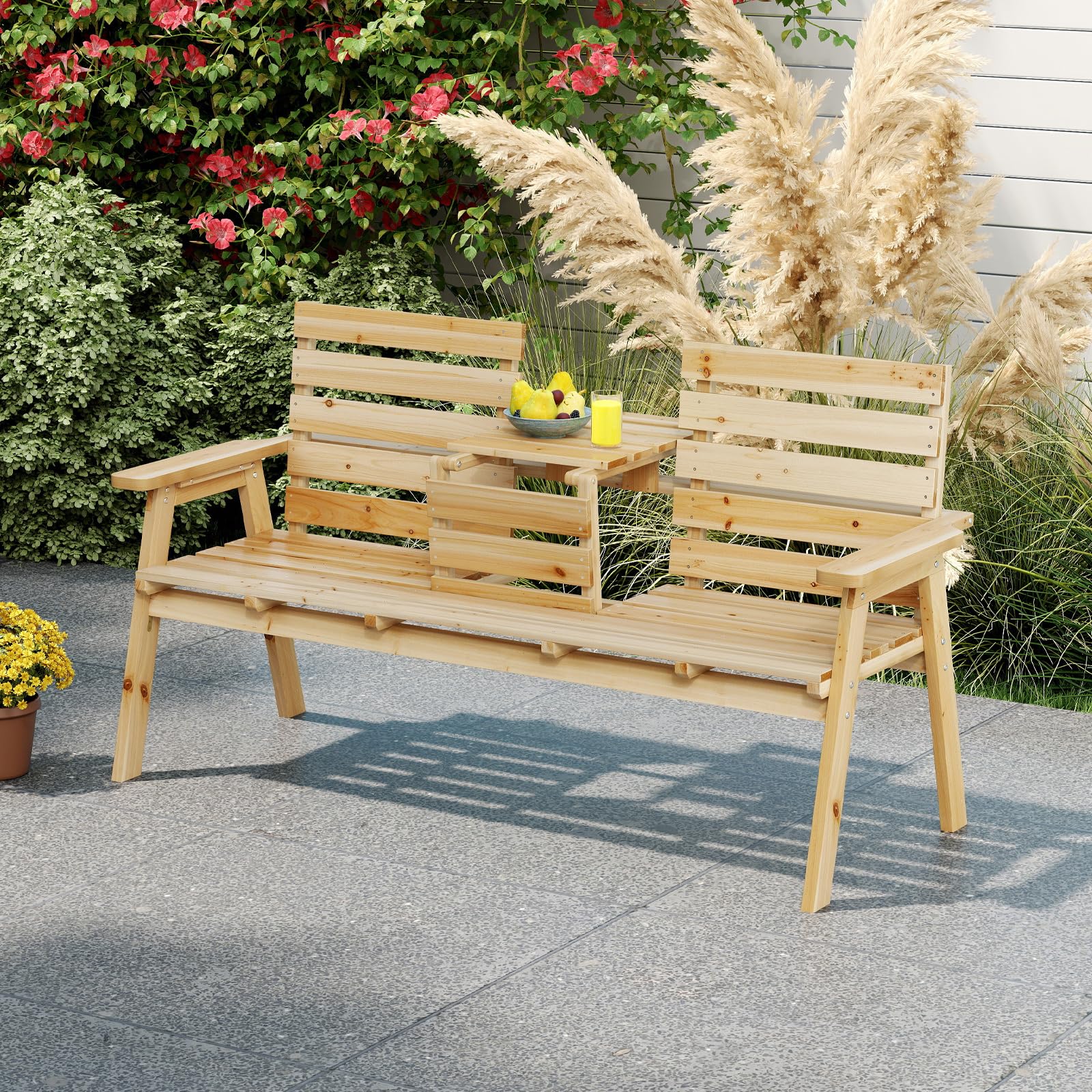 GIANTEX Gartenbank mit Tisch, Massive Holzbank mit klappbarem Mitteltisch, Sitzbank Bank 3 Sitzer, Parkbank ergonomisch mit Rücken- & Armlehnen, Garten Balkonbank Terrassenbank bis 320 kg belastbar
