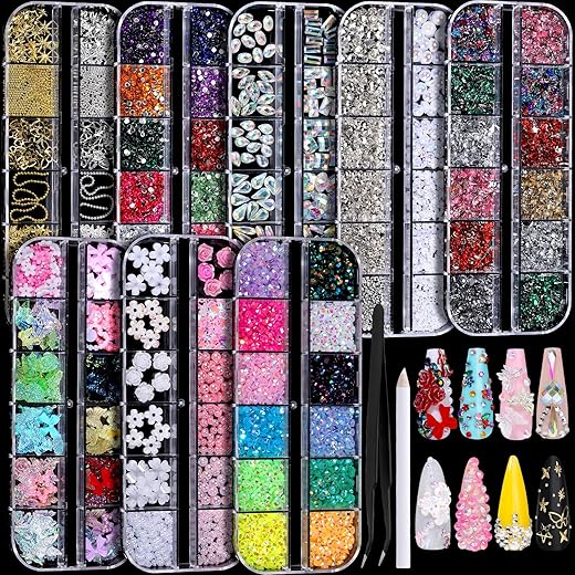 FANDAMEI Nail Charms, Nail Rhinestones Kit with 8 Boxes of Nail Gems, 3D Charms for Nails, Colorful Clear Flatback Rhinestones, Charms Y2K for Nails, Multi Shape Pearls Jewels for Crafts
