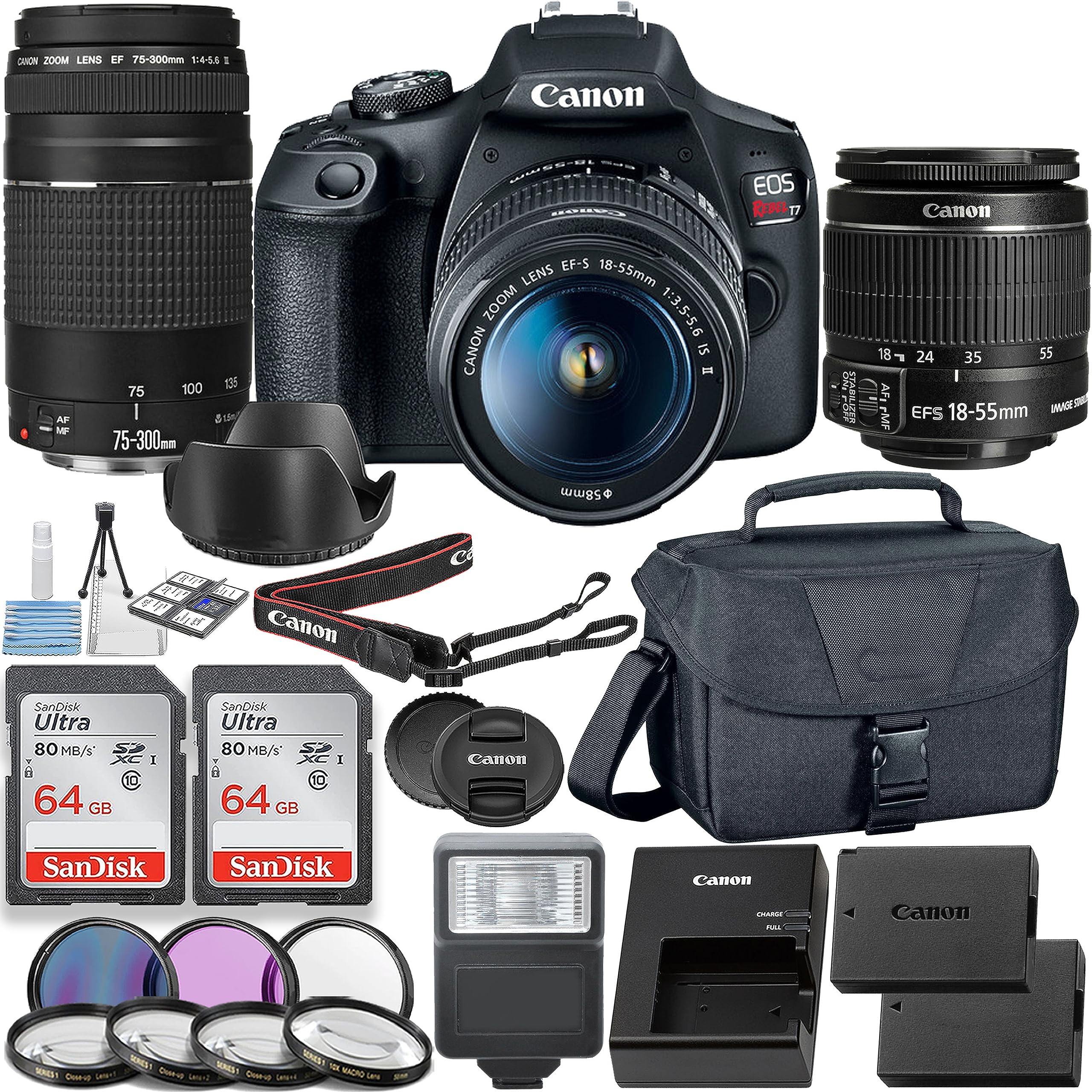 Canon EOS Rebel T7 / EOS 2000D DSLR Camera with EF-S 18-55mm f/3.5-5.6 is II Lens + Canon EF 75-300mm f/4-5.6 III Lens + 2pc 64GB Memory Cards + Filters + Case & More (Renewed)