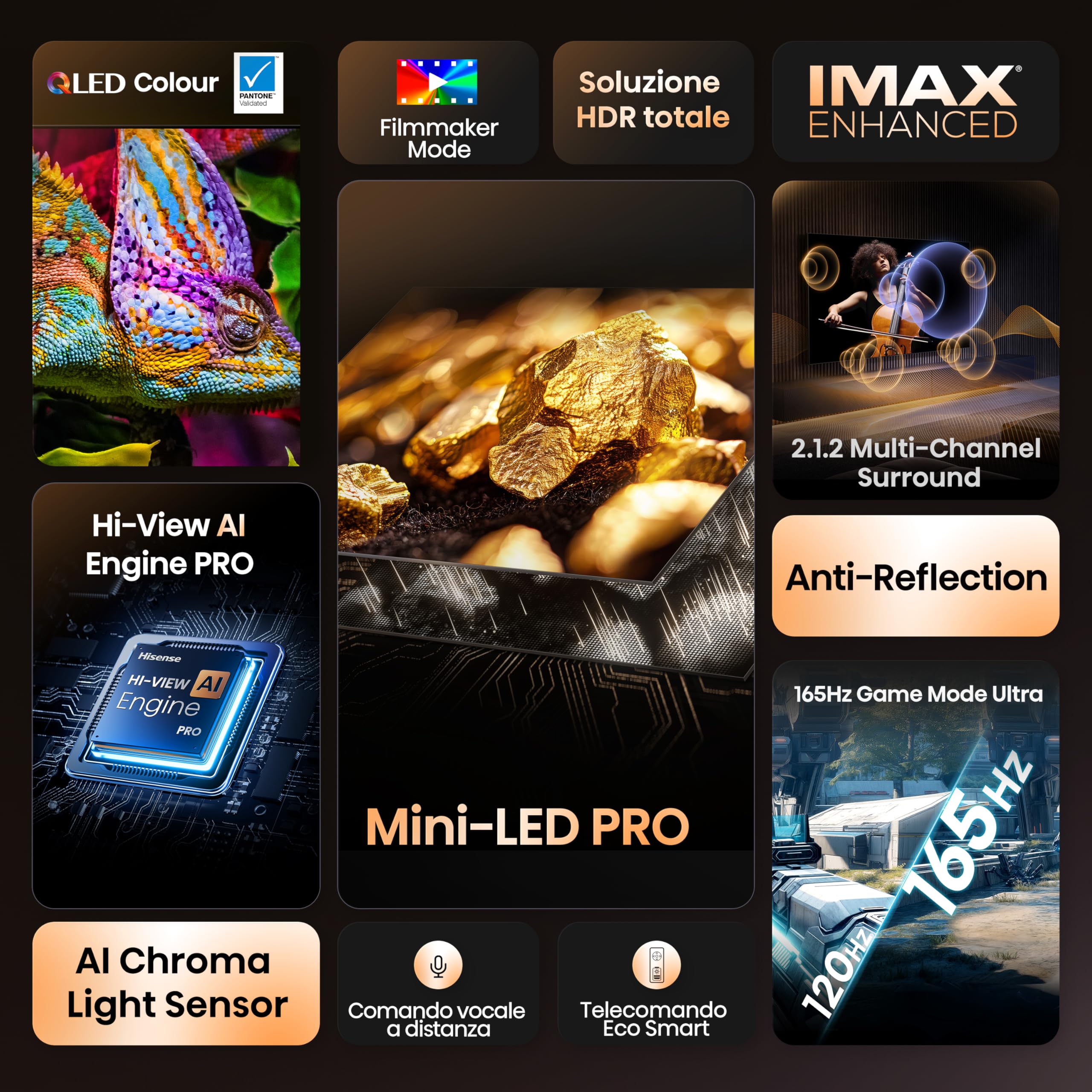 Hisense TV 100" Mini-LED 165Hz 4K 2025 100U7Q PRO, Smart TV VIDAA U9 con 1000+APP, Dolby Vision IQ, HDR 10+ Adaptive, 165Hz Game Mode Ultra, Dolby Atmos 2.1.2 con Subwoofer, Alexa Built-in