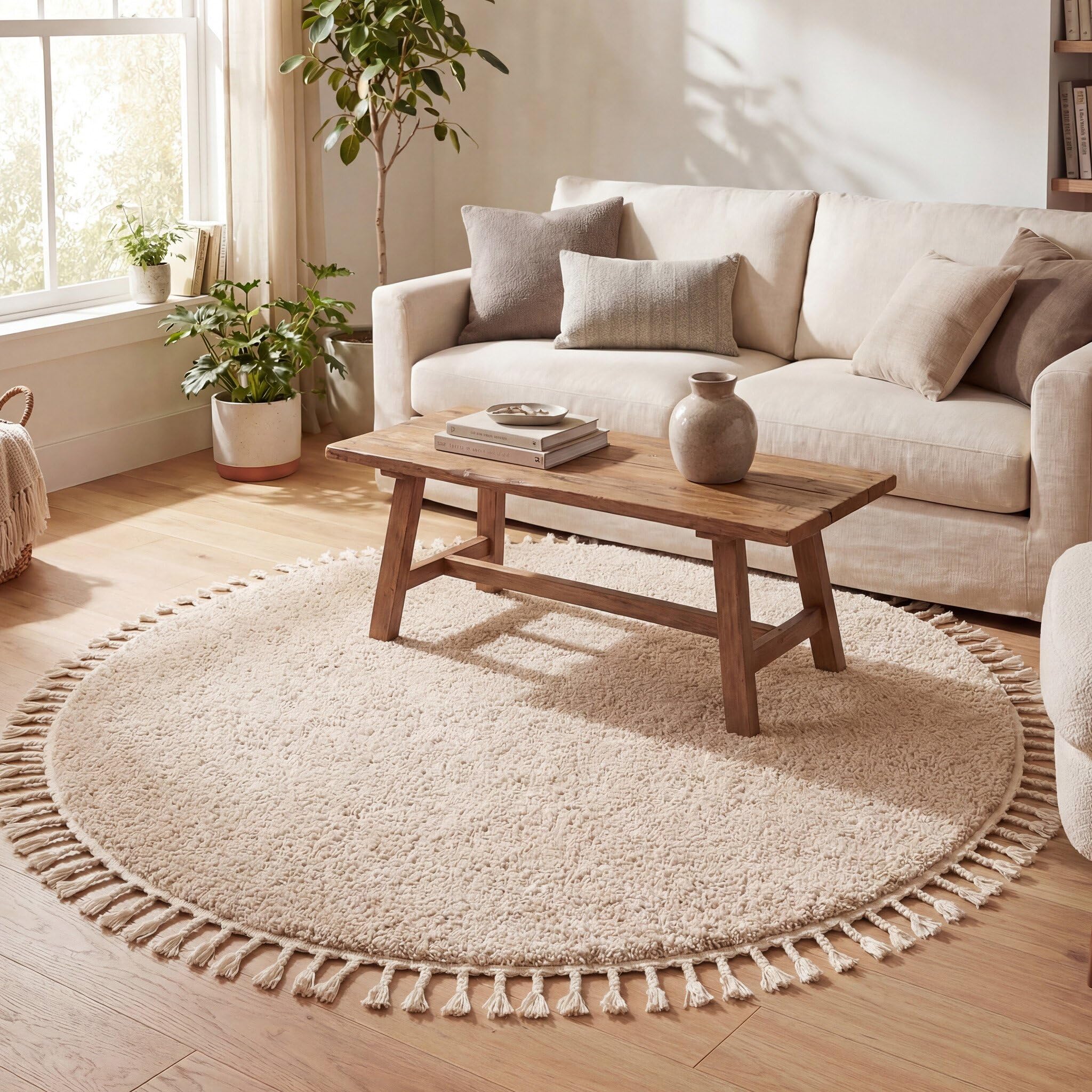 FRAAI | Home & Living Teppich Hochflor Rund - Lofty Fringe Beige - Ø 100 cm
