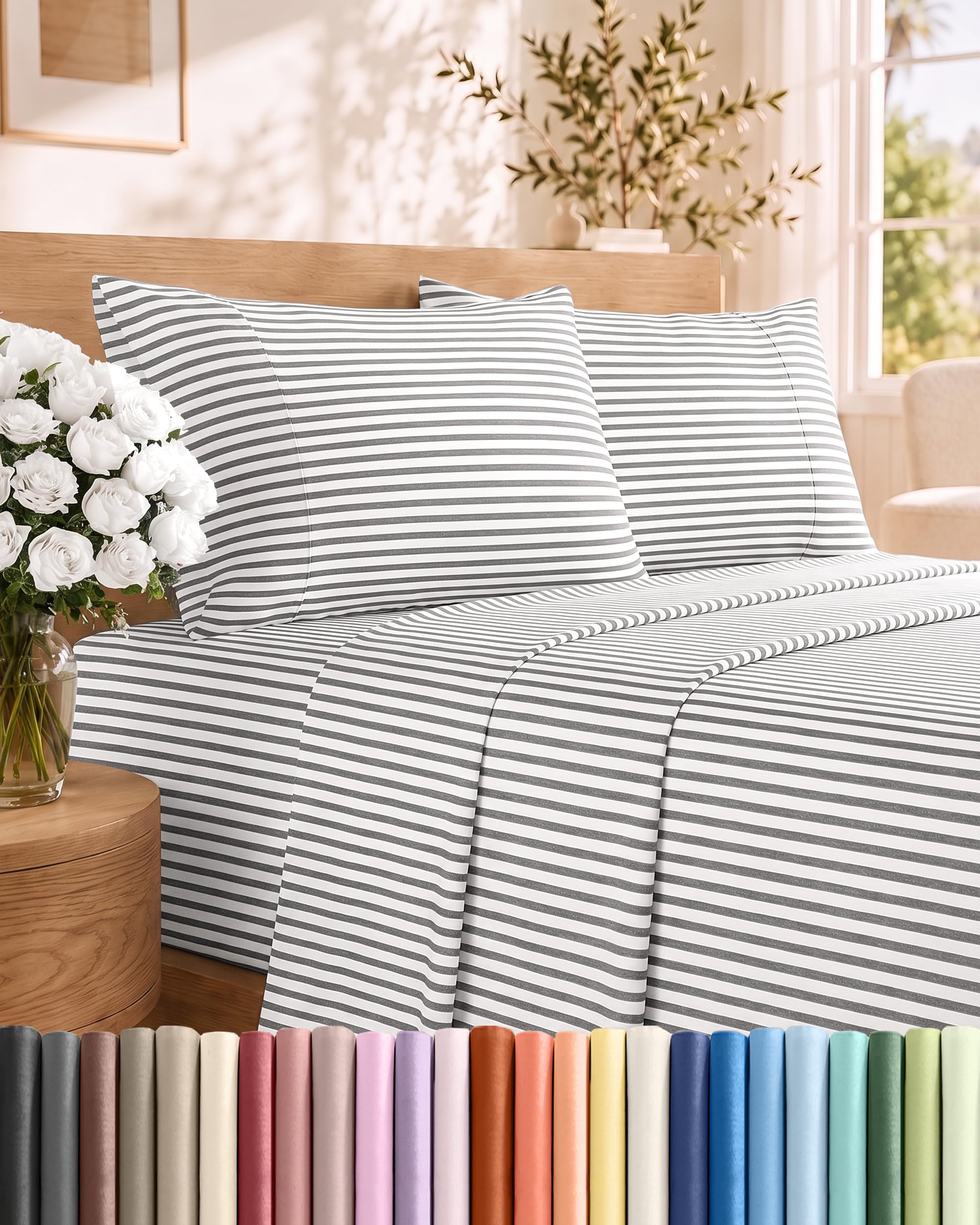 Full Size 4 Piece Sheet Set - Breathable &amp; Cooling Sheets - Grey Stripes