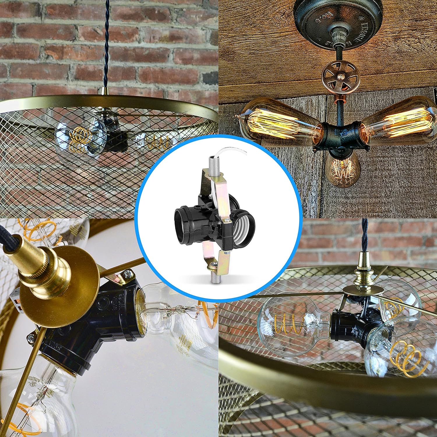 OhLectric 3 Light Cluster Socket - Medium Base - Multiple Incandescent Lamp Holder - Threaded Bottom & Top Bracket - ⅛ IP Male Lamp Holder Bracket - 660 Watt - 250V - UL Listed, Black - OL-44845