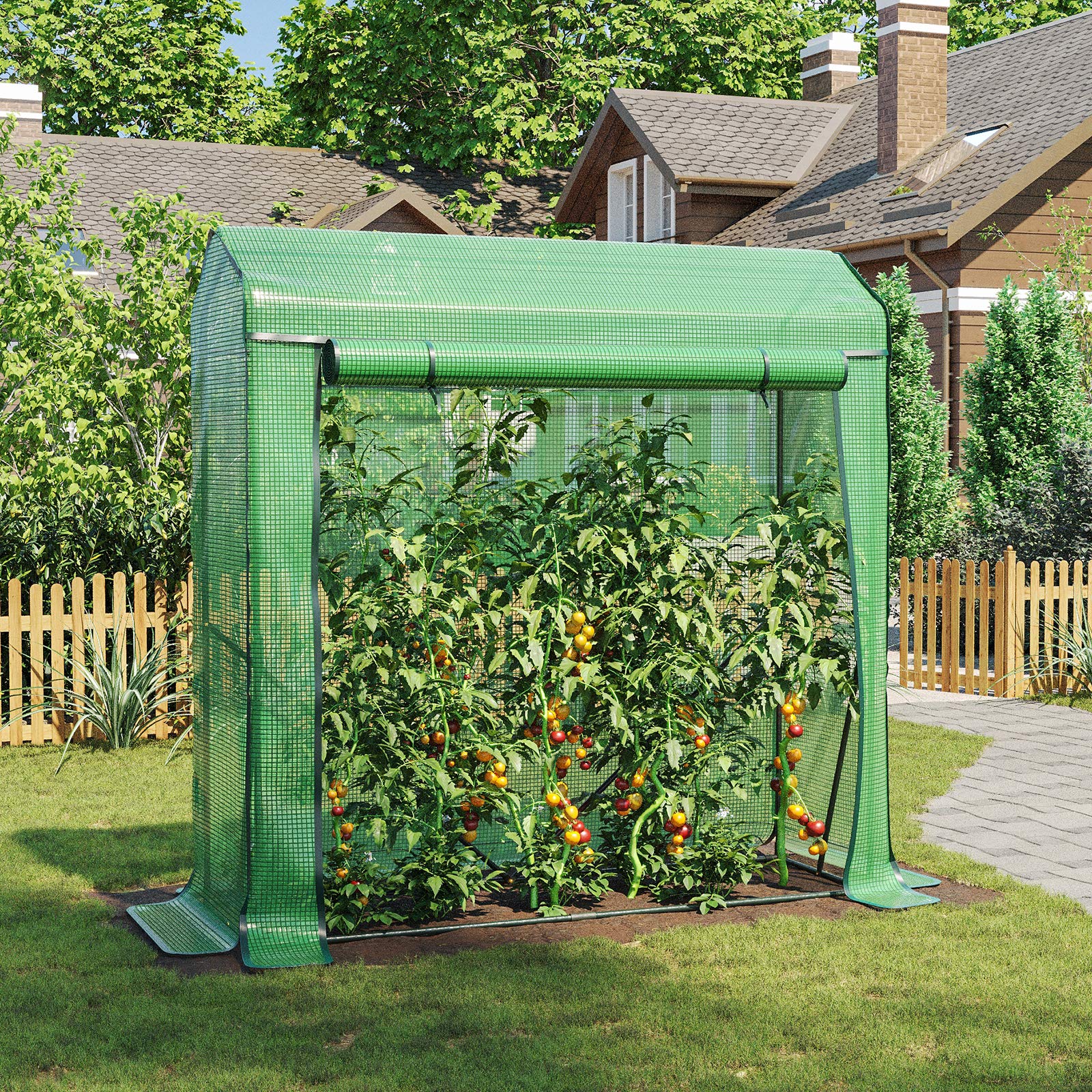 LARMNEE Tomaten Gewächshaus, Foliengewächshaus, Tomatenhaus Stabil, Tomatengewächshaus mit Spitzdach, 150 x 50 x 150 cm, Tomatenzelt, Frühbeet für Gemüse, Obst, Blumen, Garten, Balkon, Grün EGN31GH02