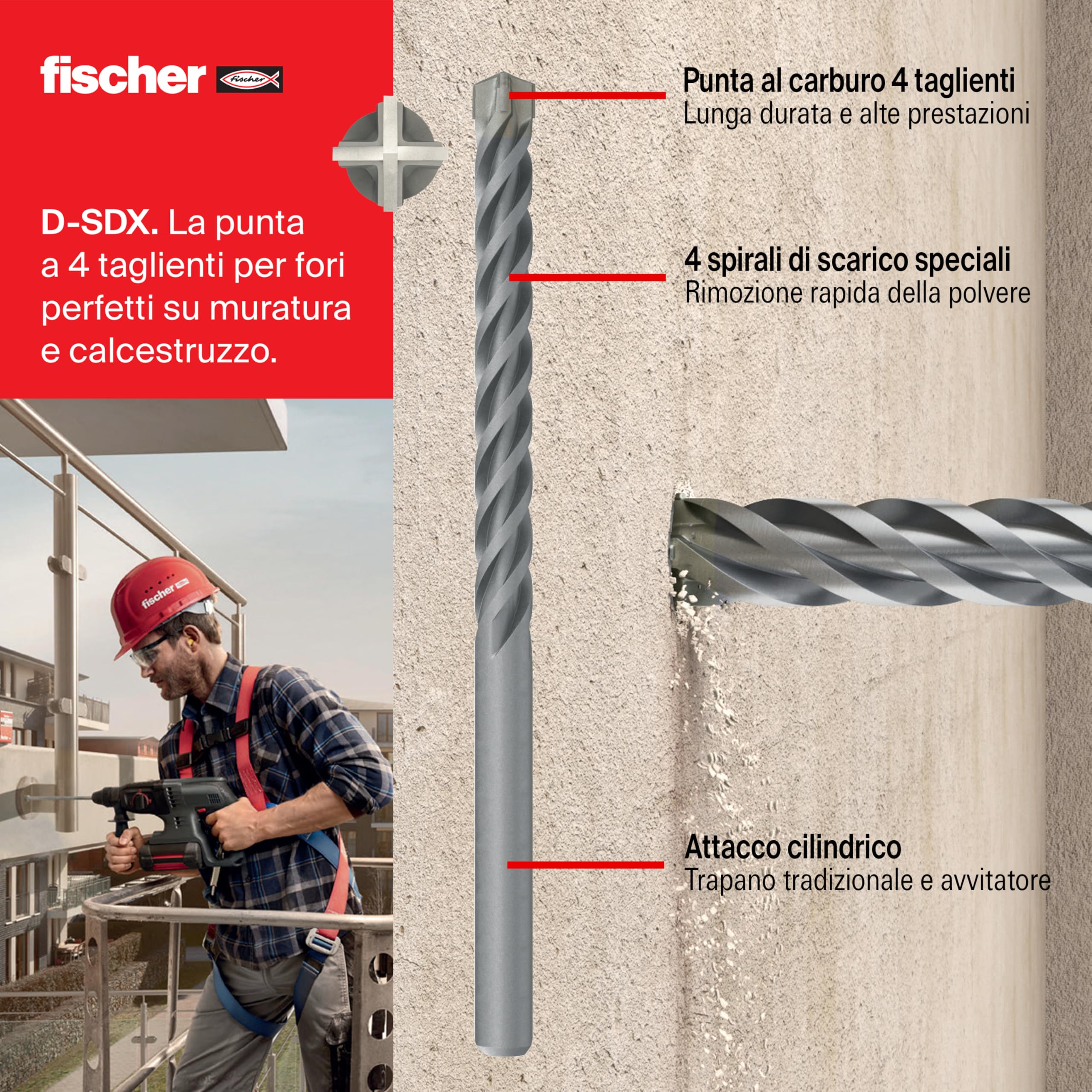 Fischer D-SDX Quattro Taglienti Kit 5 Punte Trapano 5-6-8-10-12 mm Carburo di Tungsteno attacco Cilindrico