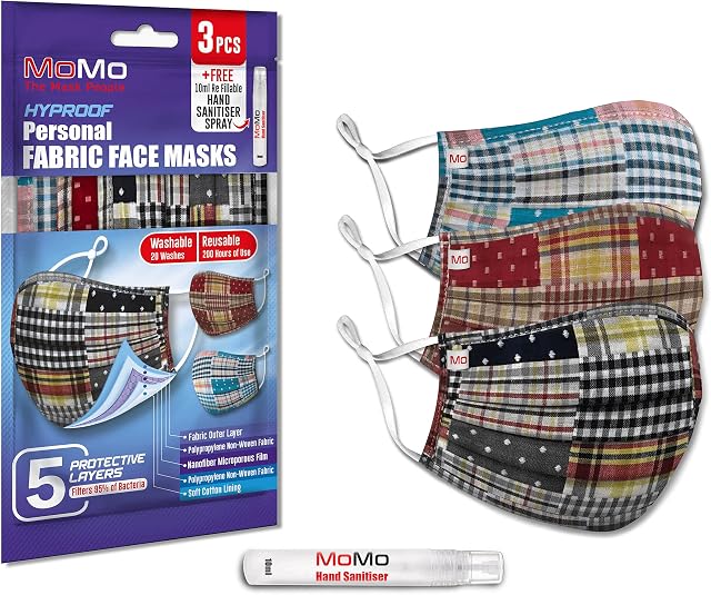 3 PCS Reusable Cloth Face Masks Washable Check Adjustable Cotton Face Cover with 5 Layers by MoMo The Mask People