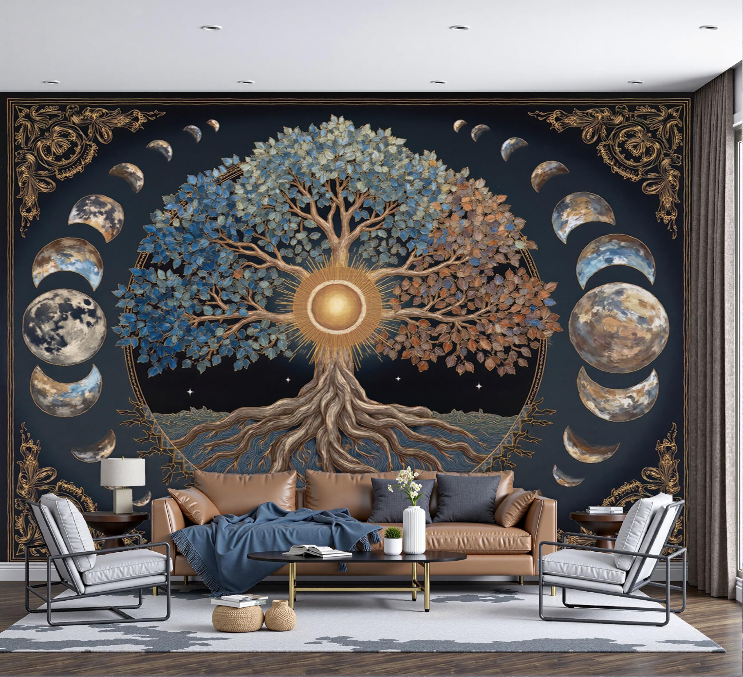 Papier peint panoramique 3D bleu et or 250x175cm motif arbre de vie