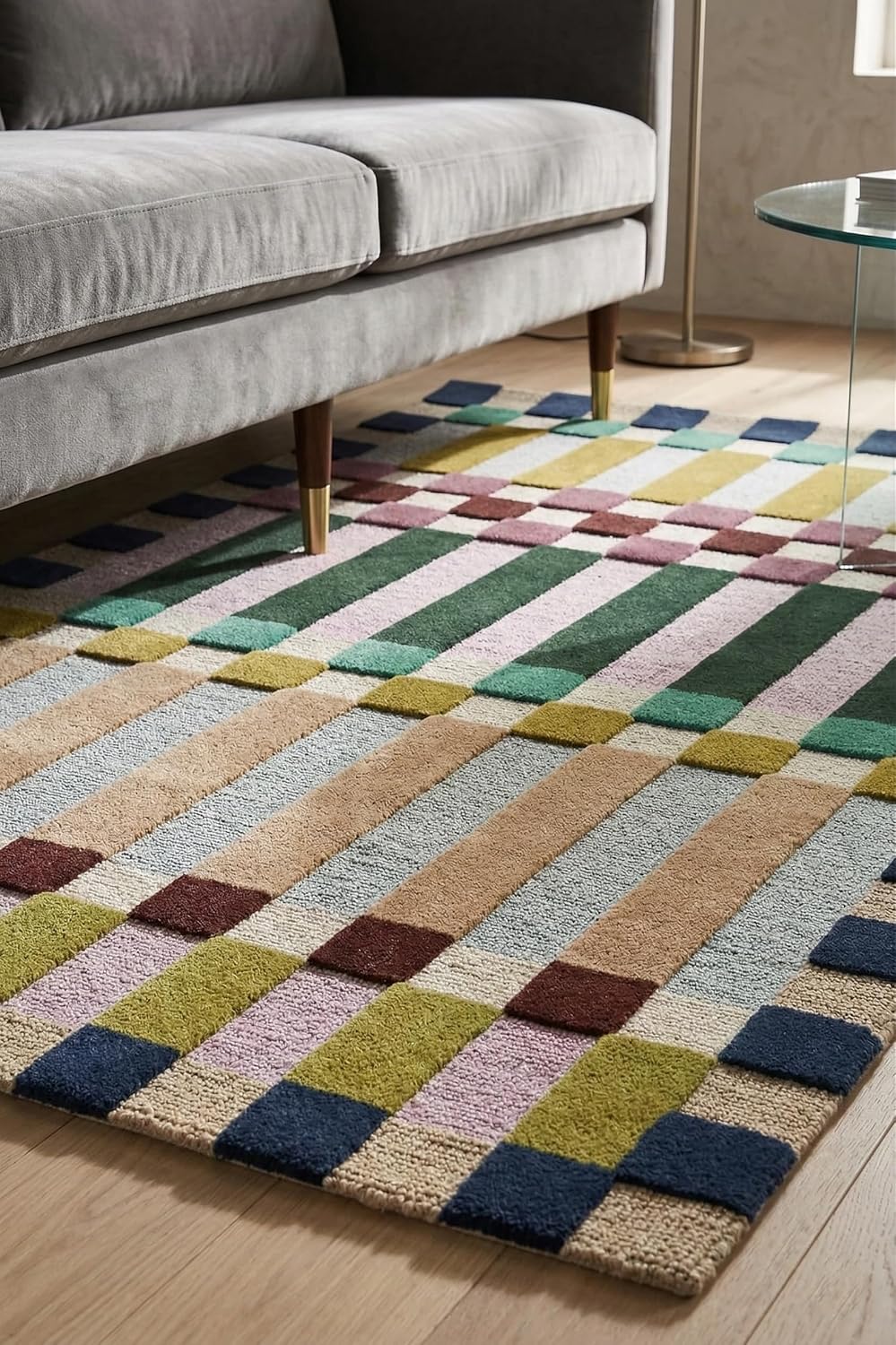 Hand-Tufted Wool Area Rug (2.5x9 Ft) - Modern Geometric Checkered Design - Multi-Color - Soft & Plush Accent Rug for Living Room, Bedroom, Nursery, and Office