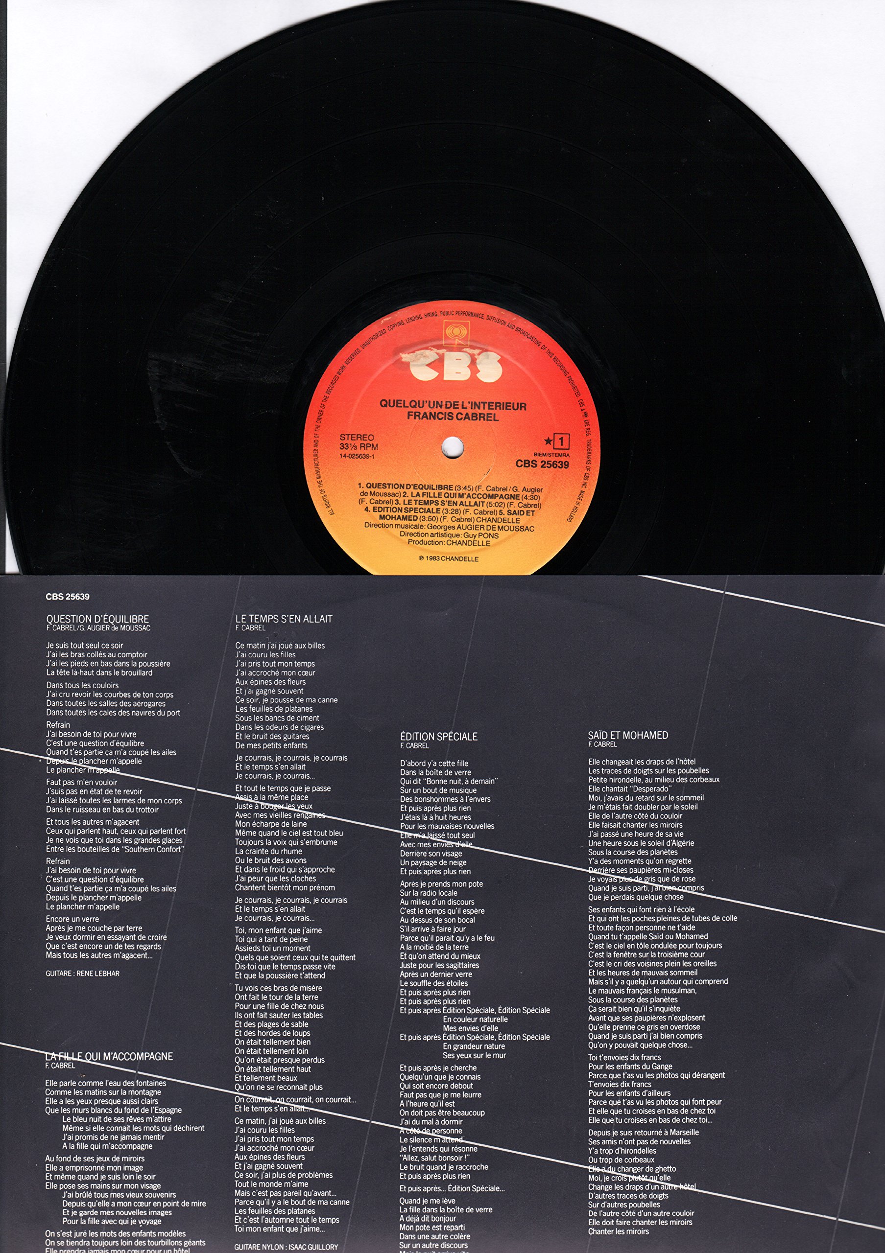 Quelqu’un de l’intérieur album 33 tours CBS 25639 , 1983 – Question d’équilibre – La fille qui m’accompagne – Le temps s’en allait – Edition spéciale – Saïd et Mohamed – L’enfant qui dor