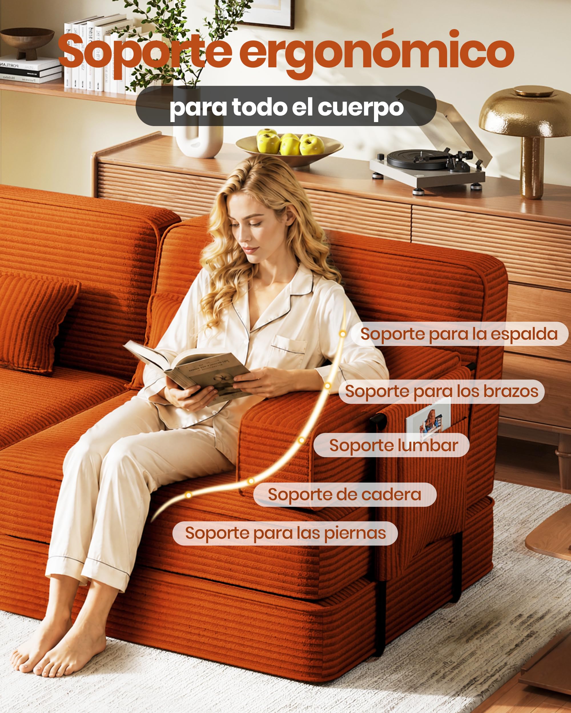 190cm Sofá Cama 2-3 Plazas con Espuma, Modular 5 en 1, Naranja | Versátil Sofá Cama de Pana con Asiento Profundo, Sofá de Suelo para Apartamento, Apto para Mascotas y Ergonómico