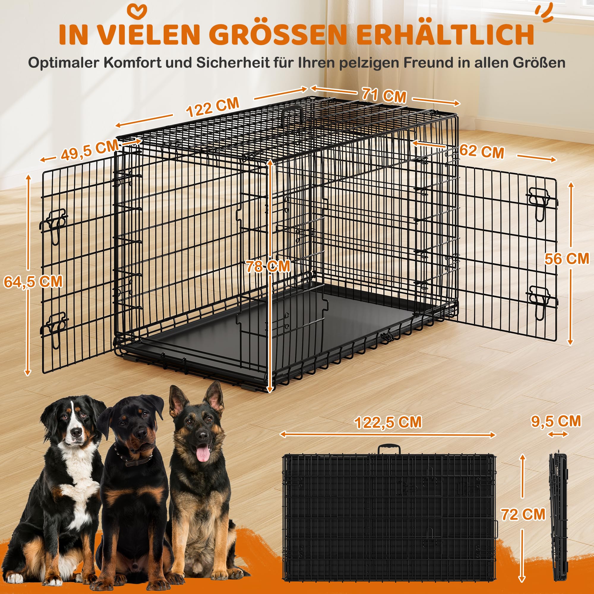 Yaheetech Hundekäfig 122 x 71 x 78 cm klappbar mit Trennwand, 2 Türen, Hundebox für zuhause mit ausziehbare Bodenschale, Transportkäfig Auto, Hundetransportbox Drahtkäfig für Hunde Welpe, XXL, Schwarz