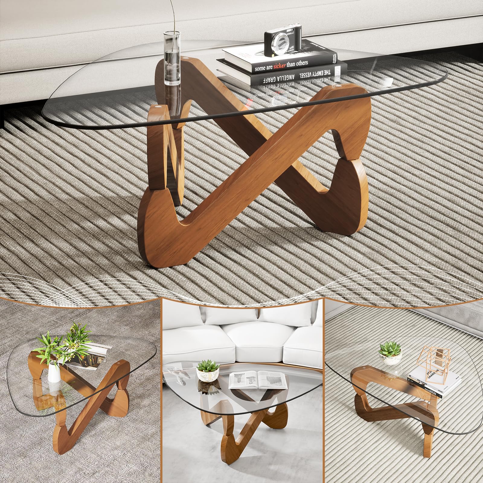 TWSOUL Mesa de Centro Triangular de Vidrio Templado de 82 cm con Base de Madera, Mesa Moderna de salón Elegante para Sala de Estar (Transparente)
