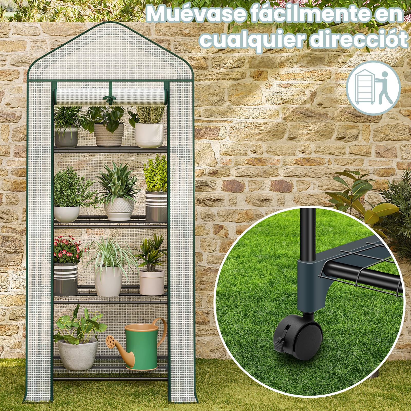WOLTU Invernadero para Plantas, Invernadero Movil con Ruedas, Cubierta de PE 130g/m², con 4 Estantes, Puerta Enrollable con Cremallera, Blanco, 70x50x162 cm | Invernadero semitransparente para tomates con puerta enrollable, protección de invierno para pla