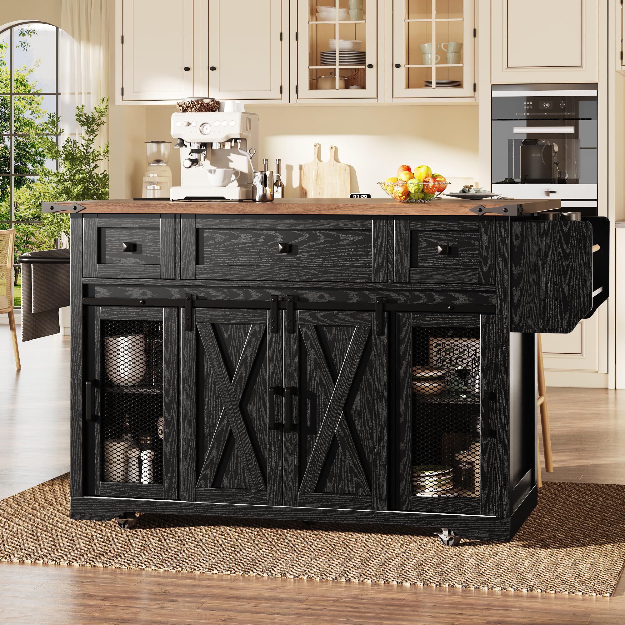 Carrello a isola da cucina con piano di lavoro estraibile, altezza di lavoro 91 cm, bianco/nero, portata fino a 75 kg