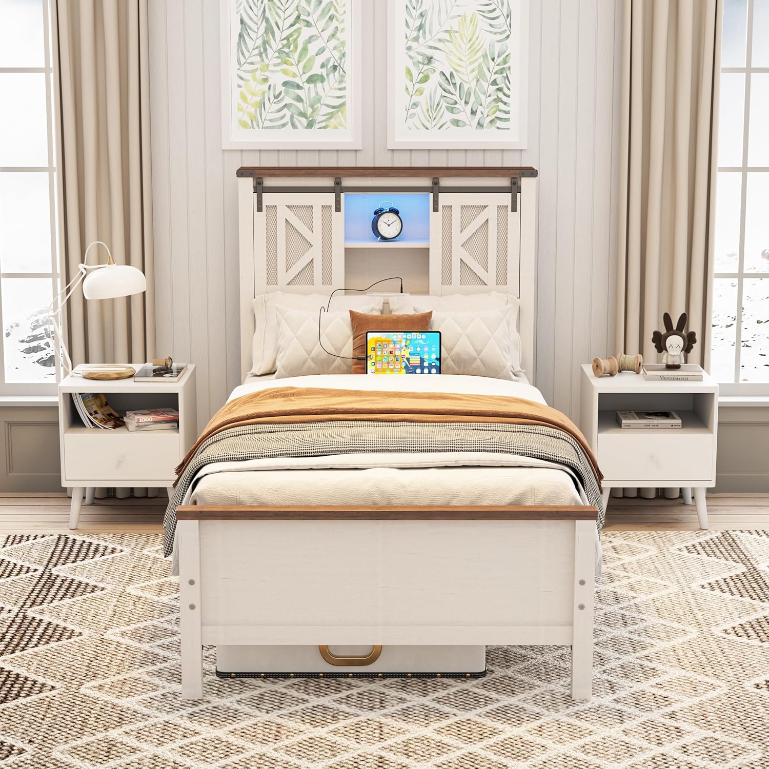 Vabches Farmhouse Twin Size Bed Frame with Storage Bookcase Headboard, LED Lights and Charging Station, Sliding Barn Door and Adjustable Shelves, No Box Spring Needed, White