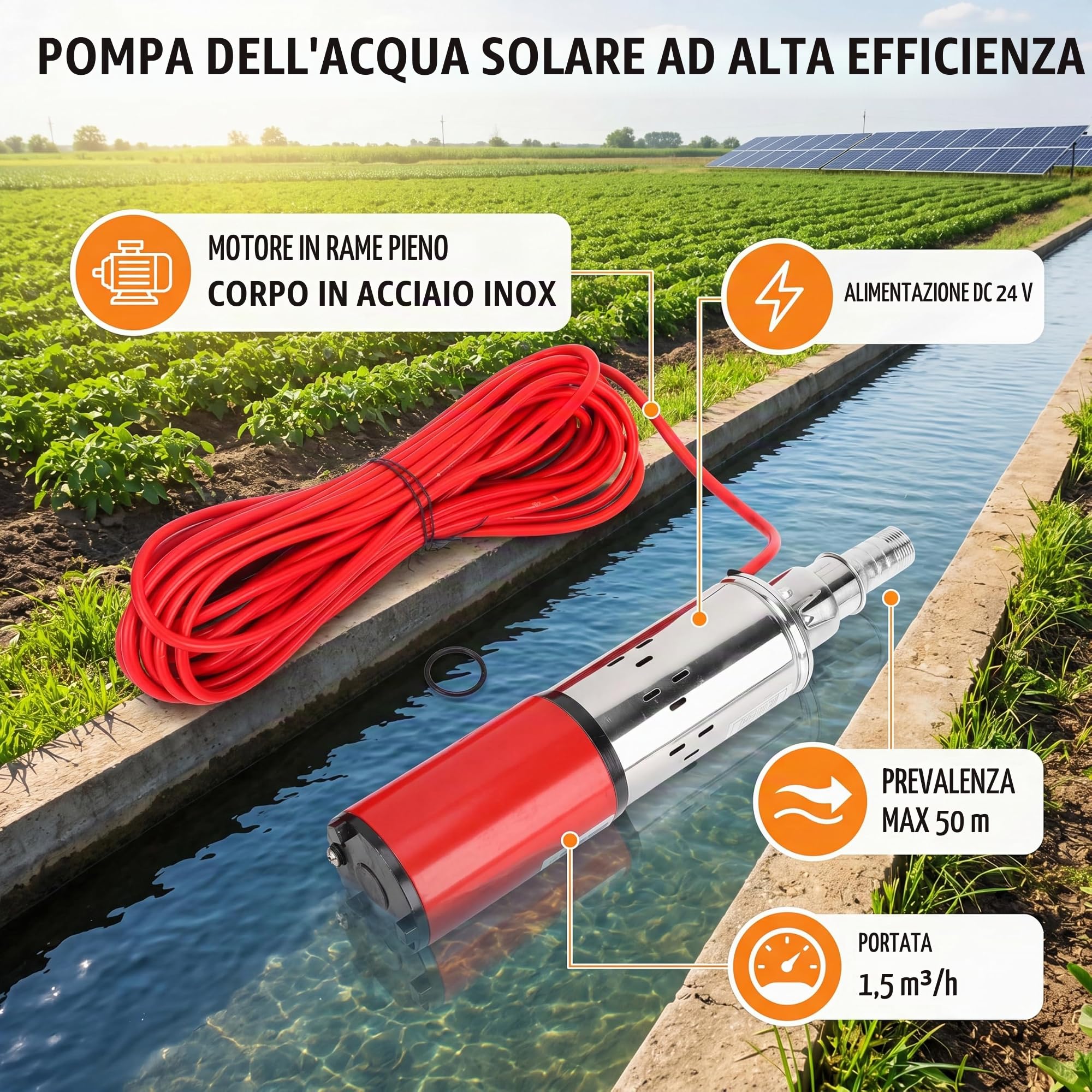 Pompa Ad Acqua Solare da 1,5 M³ / H DC24V Pompa per Pozzi Profondi Pompa Ad Azionamento Elettrico a Vite Pompa Sommergibile 50 Metri di Altezza
