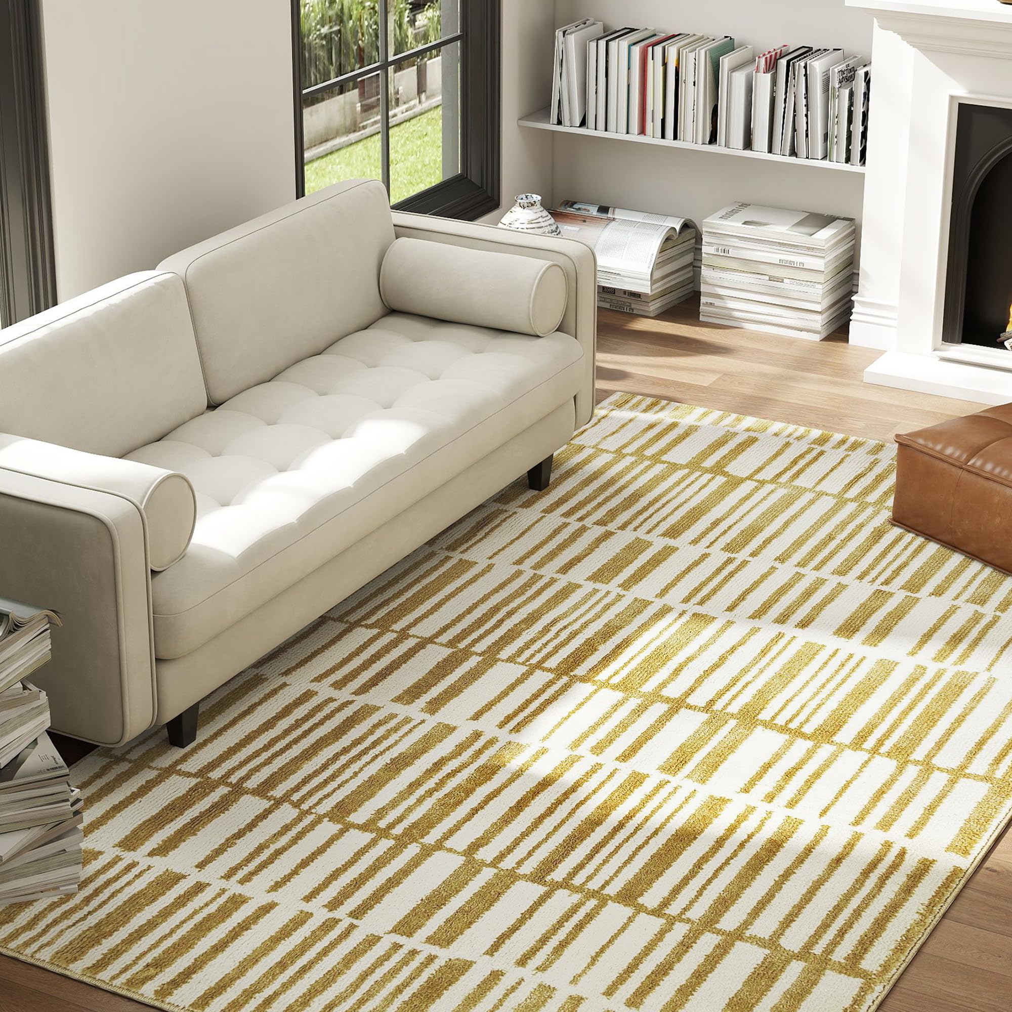 Alfombra de salón con reverso antideslizante amarilla de 200x140