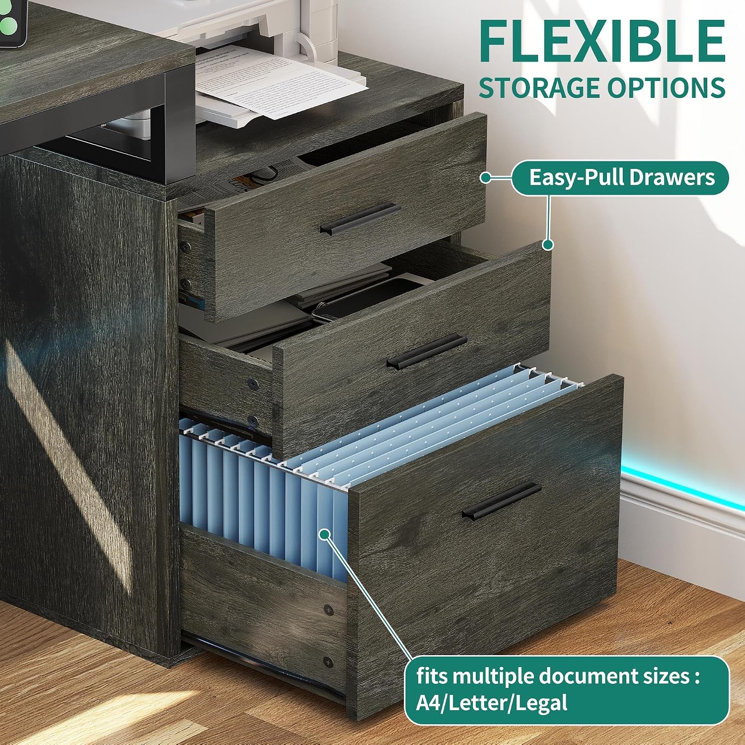 YITAHOME L Shaped Desk with open drawers showing file storage and utility drawers.