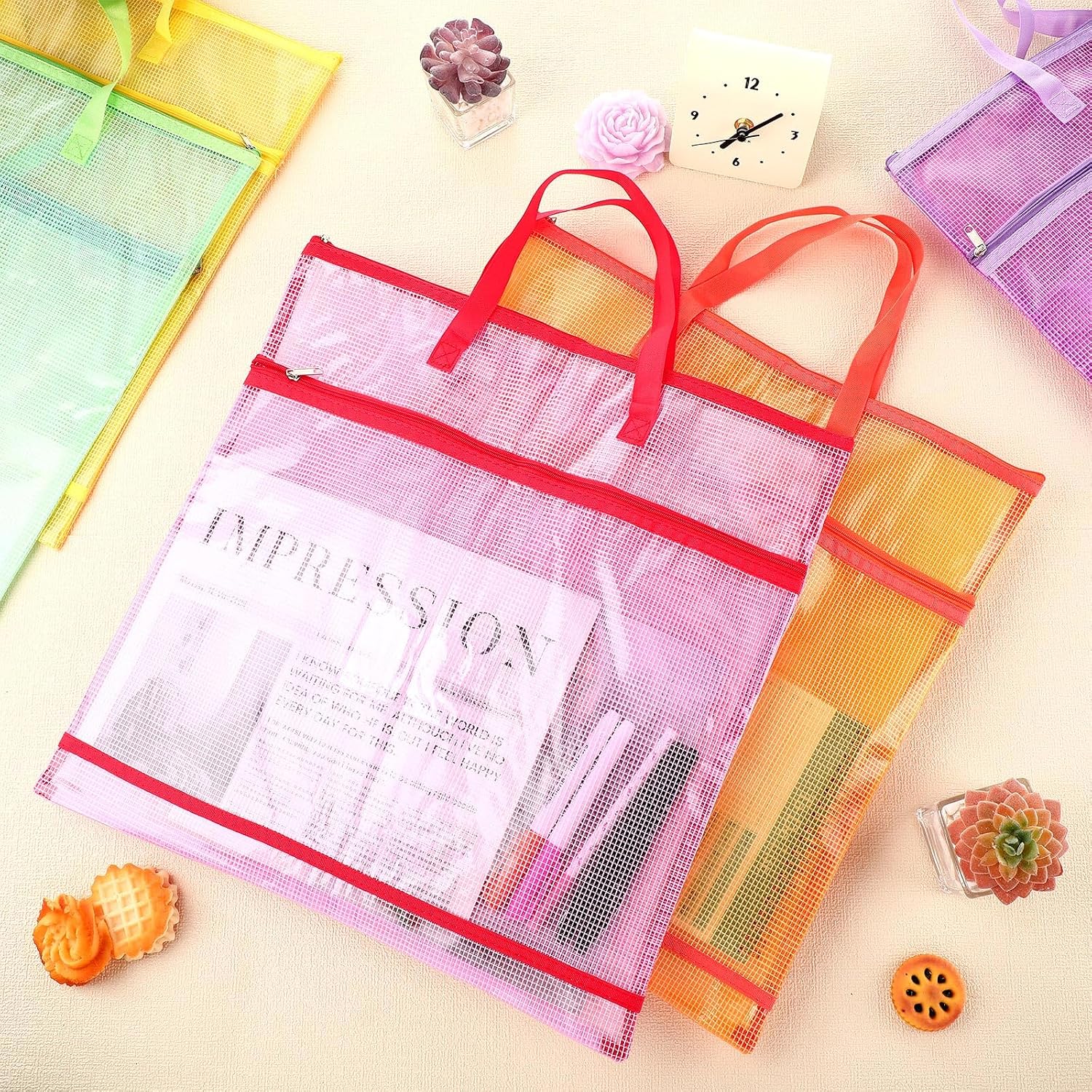 5 Pcs Sew Project Bags 16 x 16 Inch Quilting Craft Organizer Storage Bags with Handle and Pocket Jumbo Sew Quilting Mesh Bags for Quilters Knitting Stitching Crafter, 5 Colors (Bright Colors)