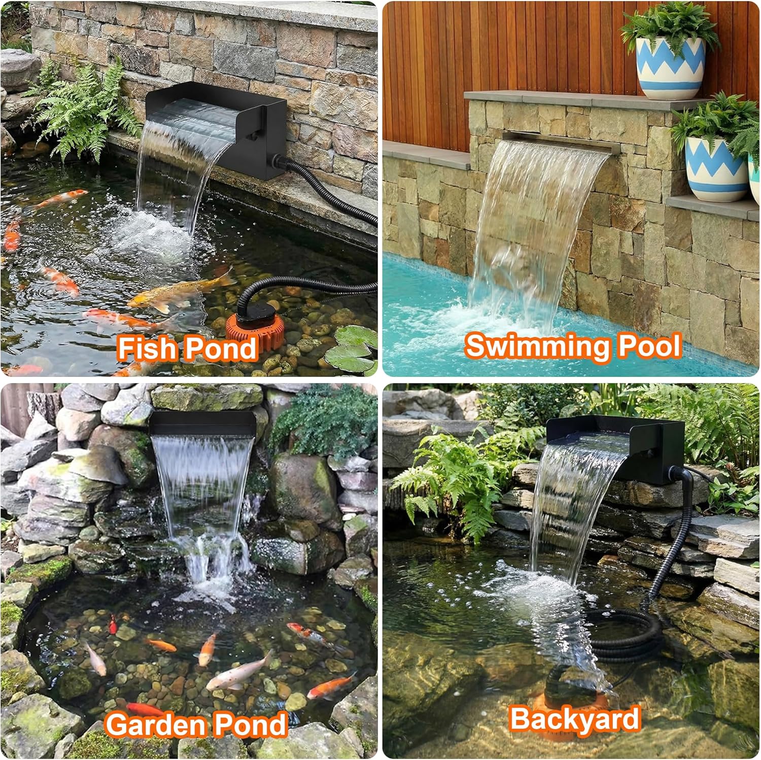 Pond Waterfall Spillway with LED Lights - 12-inch Stainless Steel Spillway and 850GPH Submersible Pump with Cover for Garden, Ponds, Backyard, Pool