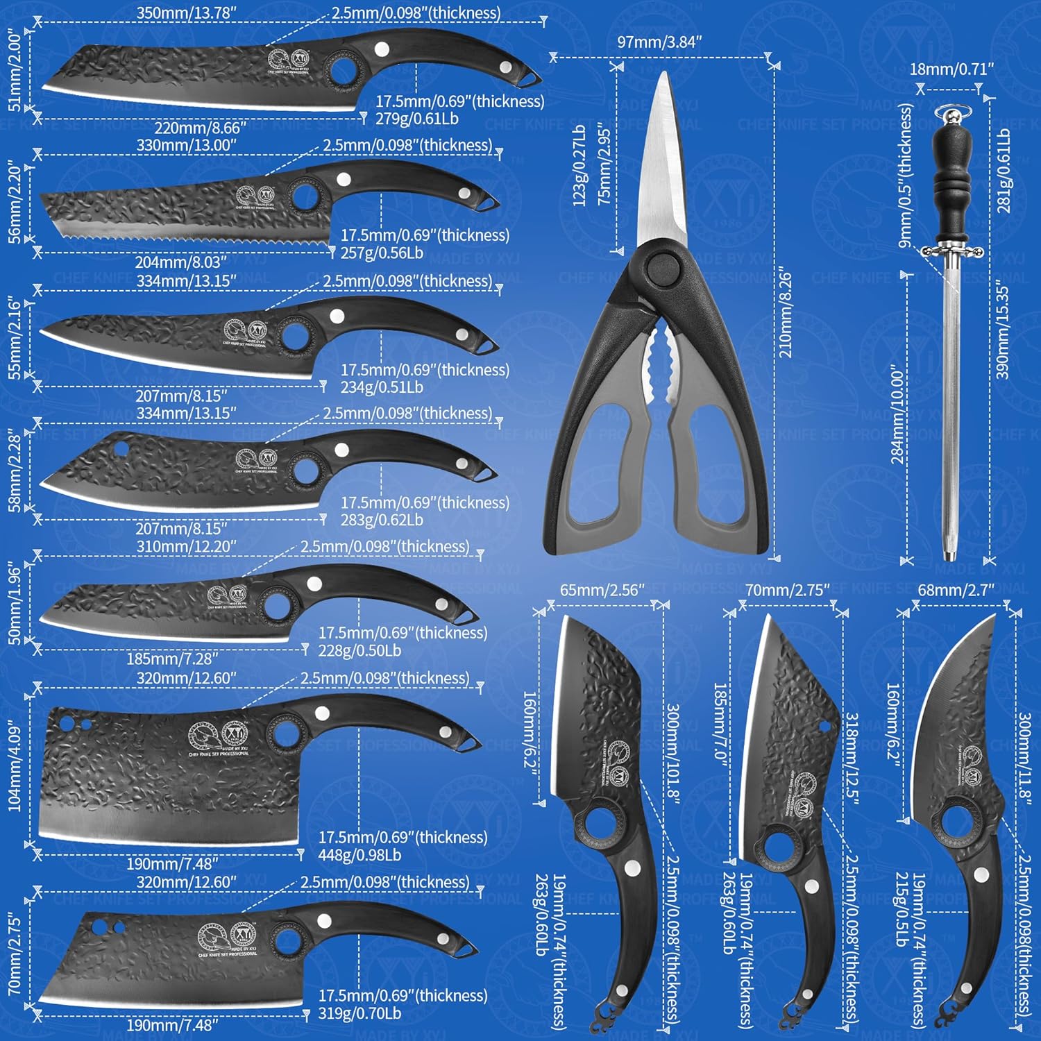 XYJ Professional Kitchen Knife Set with High-Carbon Steel Forged Blades, Chef's Knife, Cleaver, Carving Knife, Nakiri, Full Tang Design, Includes Carrying Bag & Poultry Scissors