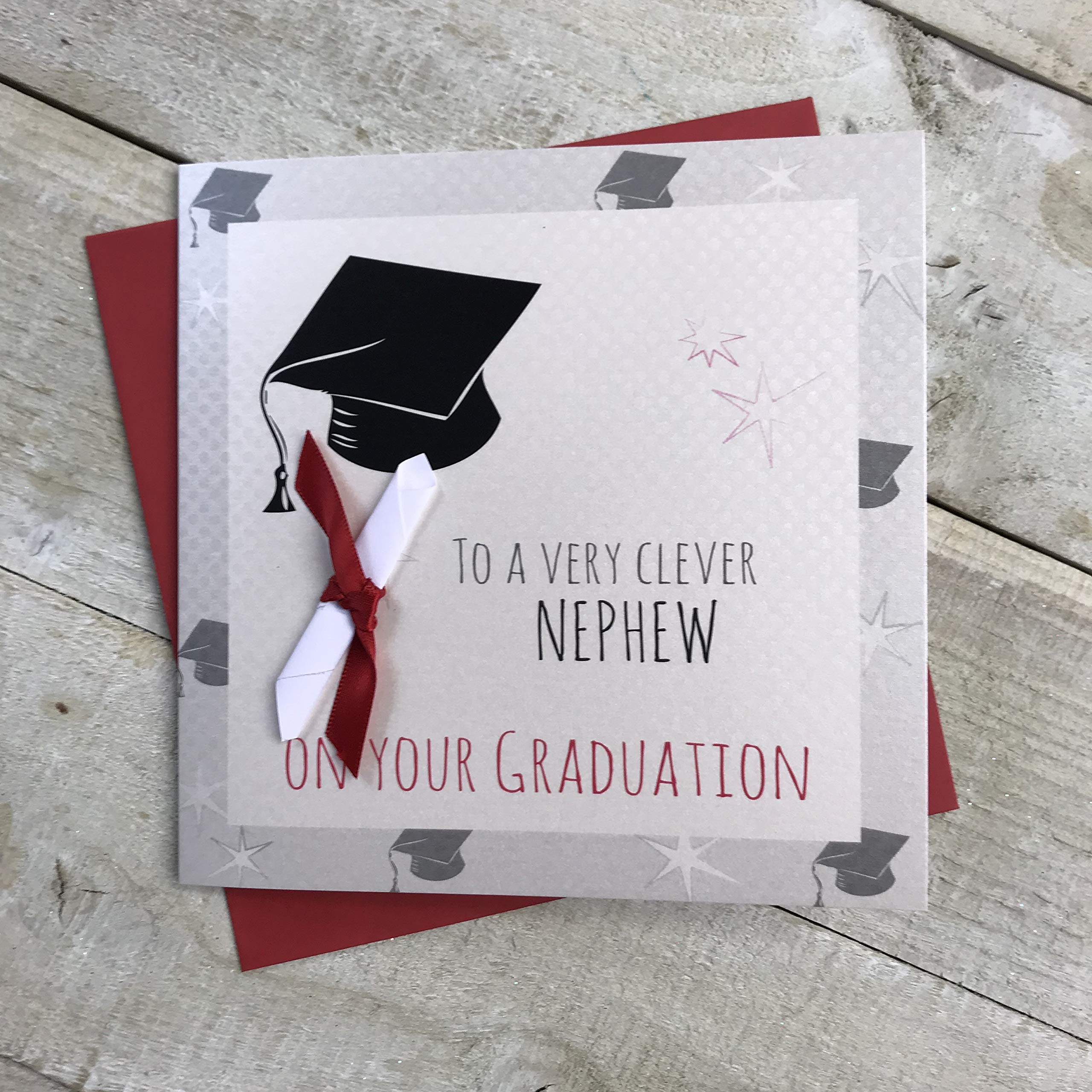 White Cotton Cards to A Very Clever Nephew ON Your Graduation, Handmade Graduation Card - Code G15-NE,16cm x 16cm