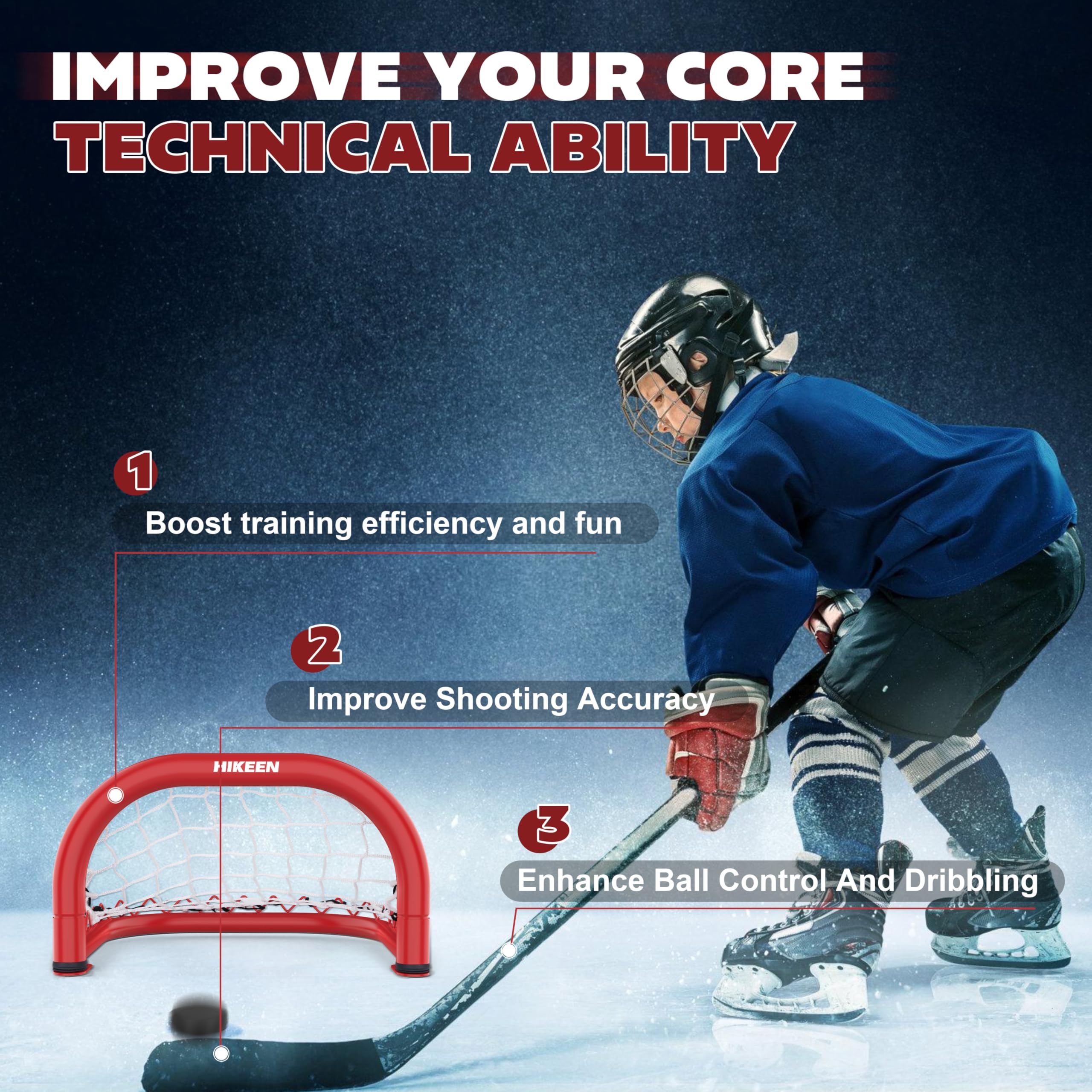 BOOSTEADY 2PCS Mini Portail de Hockey sur Glace, 14" x 8" Kit de But de Hockey de Rue avec Cadre en Fer Durable & Filet en Nylon & 4 Palets, Entraînement de Hockey pour Améliorer La Précision