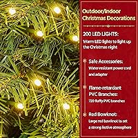 Vista 7 de Yaheetech 48in Large Artificial Christmas Wreath, Pre-lit Holiday Accent Decoration with Red Bow, 200 LED Lights & 720 PVC Tips, Metal Structure for