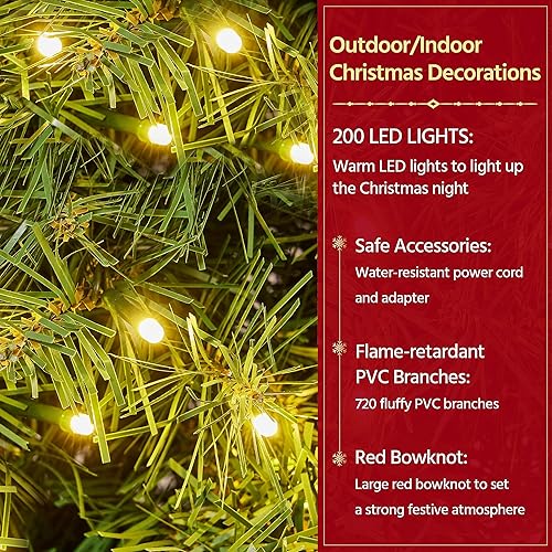 Miniatura 7 de Yaheetech 48in Large Artificial Christmas Wreath, Pre-lit Holiday Accent Decoration with Red Bow, 200 LED Lights & 720 PVC Tips, Metal Structure for