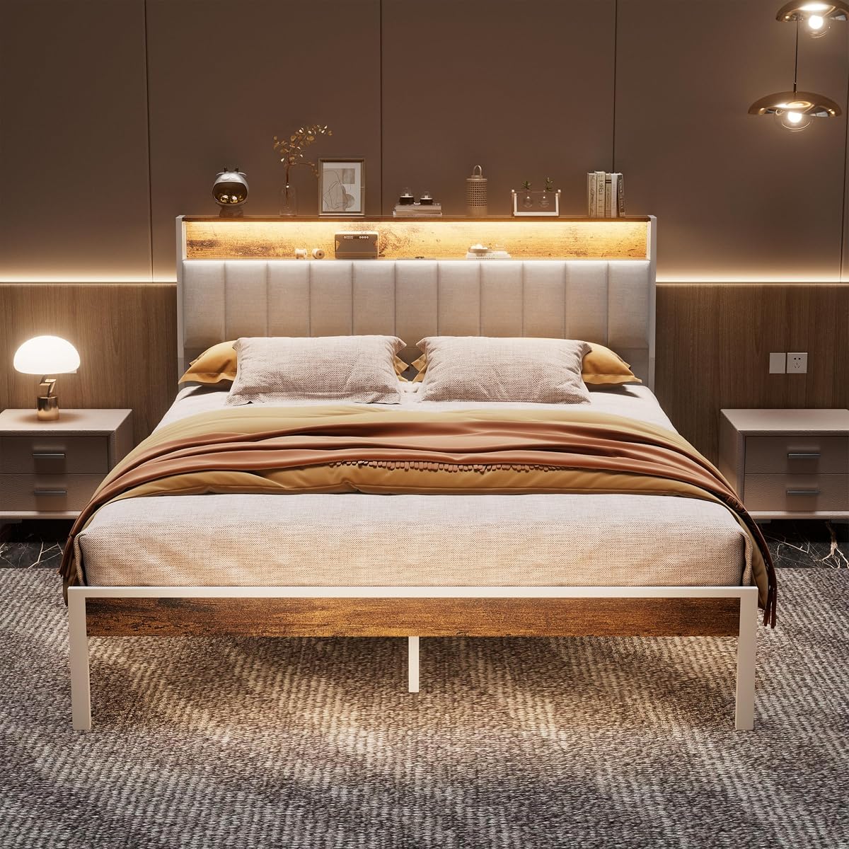 DEWINNER Cadre de Lit 140x200 et Éclairage LED, Lit 2 Personnes avec Tête de Lit Rangement, avec Multiprise(1 Prise AC, 2 Ports USB), Structure Stable, Lin Blanc, Montage Facile